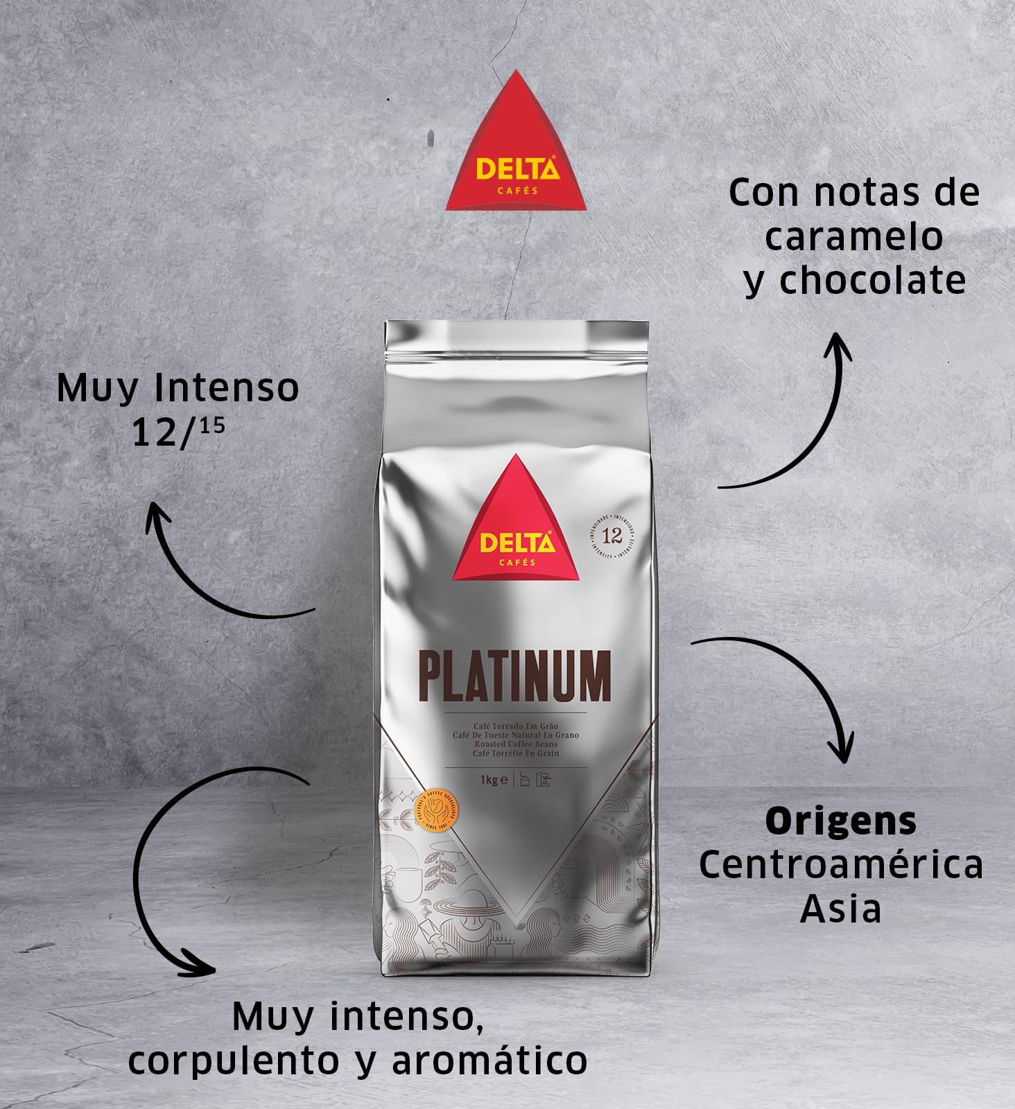 Delta Cafés Café en Grano Platinum 2x1 kg Intensidad 12 Mezcla Arábica Robusta Tueste Natural