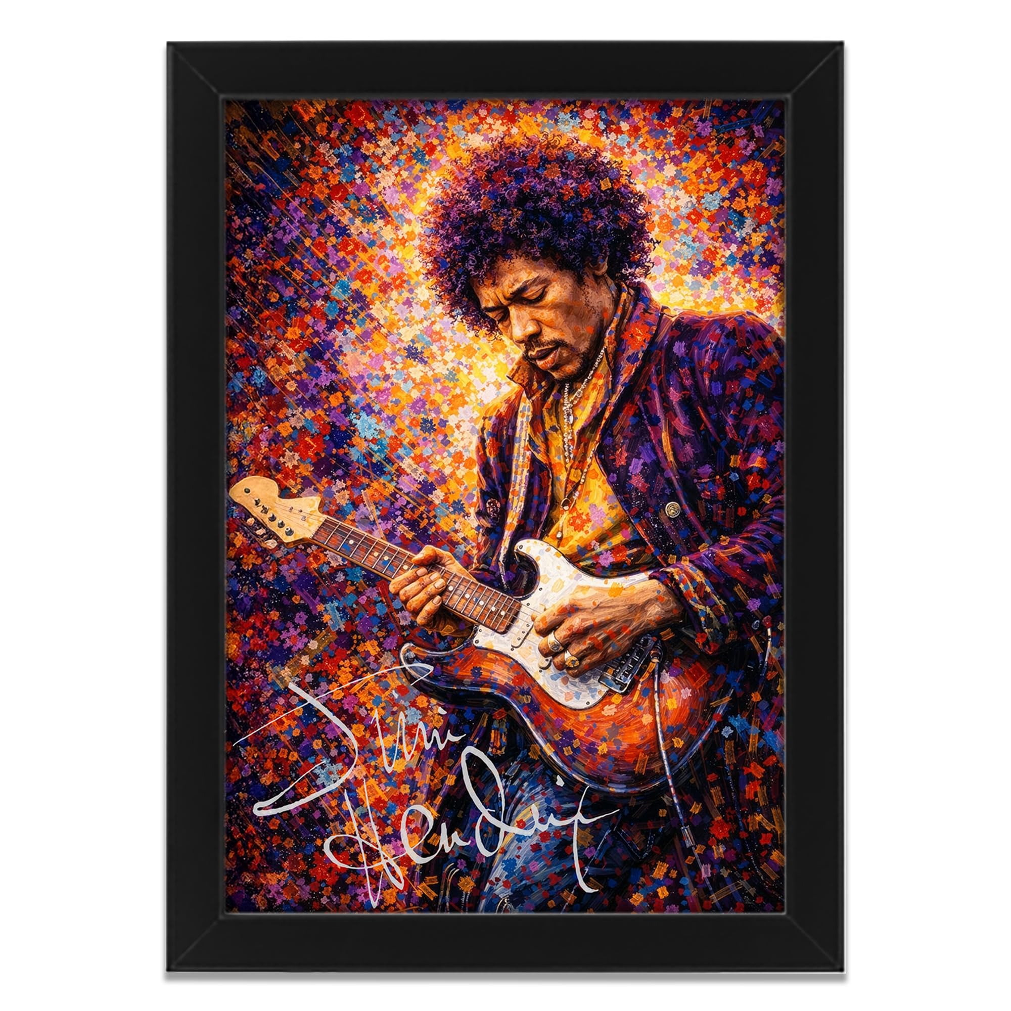 Jimi Hendrix Art Styled Signed Poster Print - Limited Edition Autograph Fan Gift, Collectible Memorabilia Wall Art Merchandise (A4 Framed)
