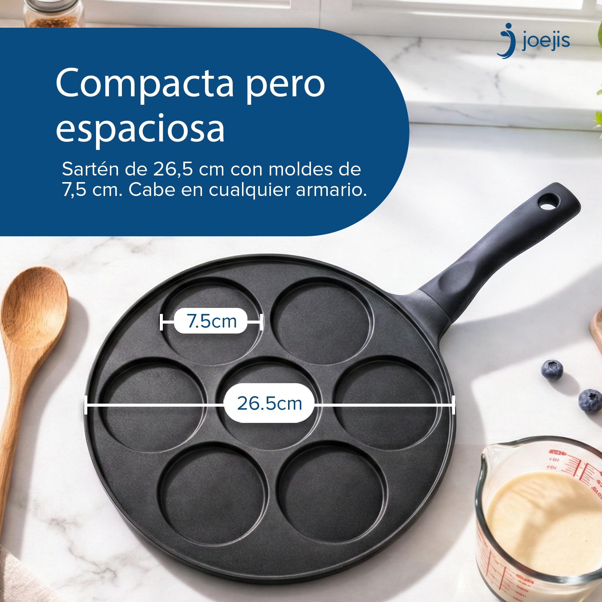 joeji's Kitchen Sarten Tortitas Crepes de 7 Agujeros 26.5cm - Frigideira Panquecas - Molde Crepes Antiadherente - Induccion Compatible - Fácil de limpiar - Perfecto para huevos tortillas y más