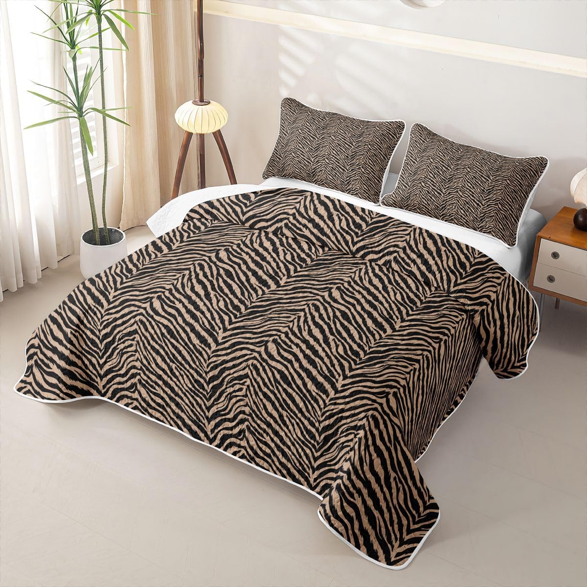 Zebra Print Quilt Set King Black Brown Zebra Stripe Quilted Bedding Wildlife Animal Texture Bedspread Coverlet For Kids Boys Girls,Rustic Farmhouse Quilt Comforter Lightweight Quilted Blanket