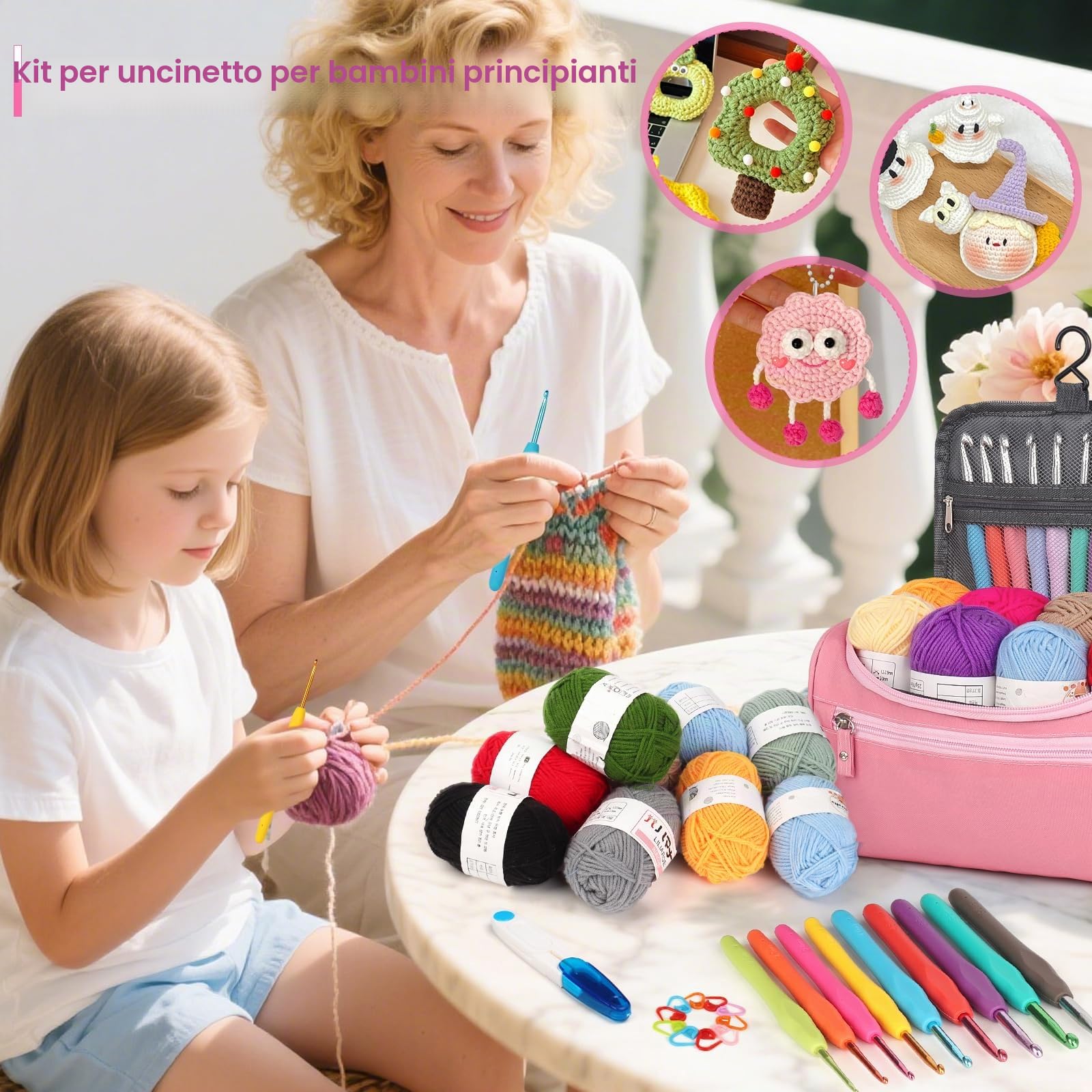 Reessy Kit per uncinetto, 88 pezzi, kit per uncinetto per principianti e adulti, include istruzioni ergonomiche uncinetti 15 pezzi × 25 g sacchetto per riporre i filati e accessori per maglieria, kit