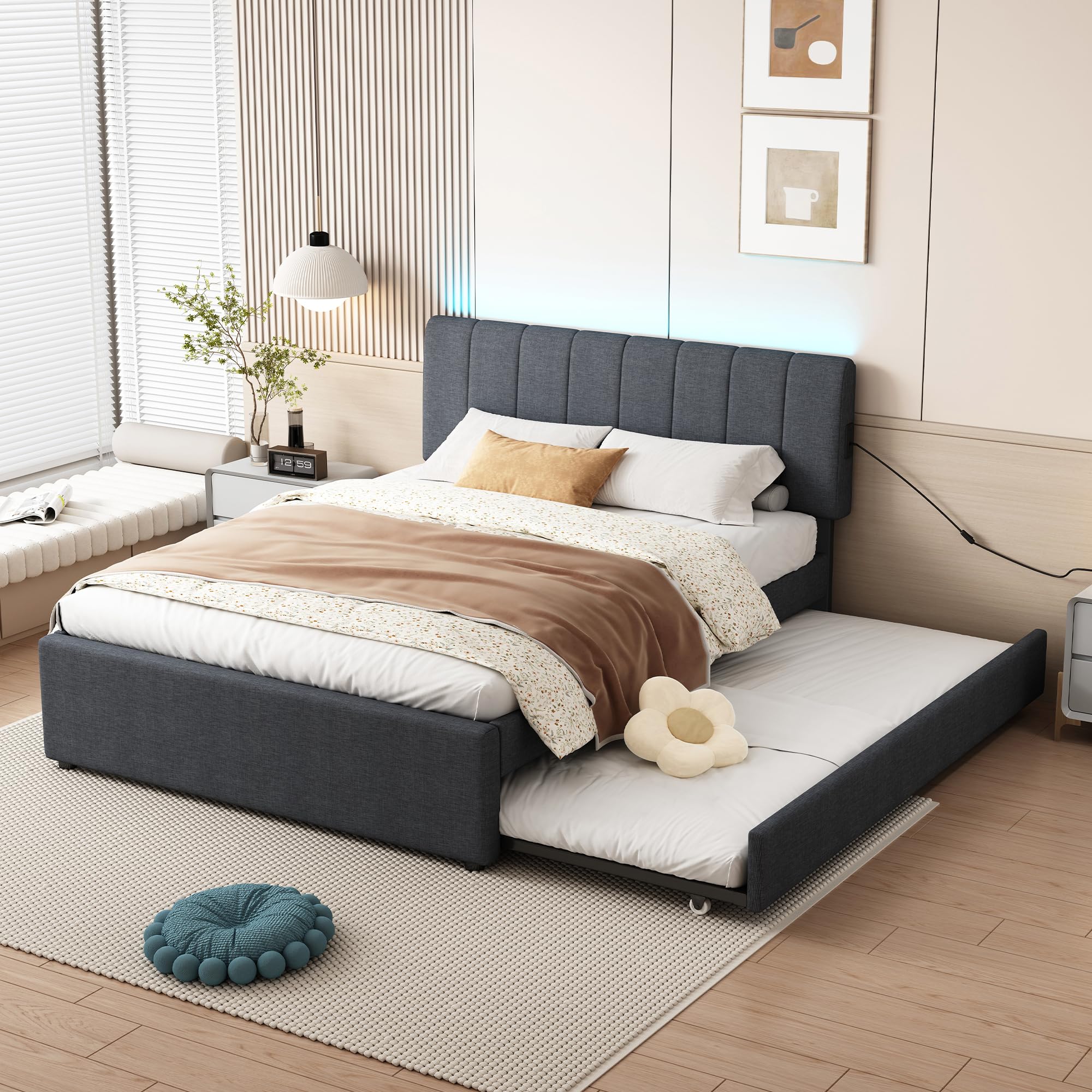 Photo 1 of ***MISSING PARTS***
Ball & Cast Full Size Bed Frame with Trundle,Linen Upholstered Platform Bed with LED Light and USB Ports,Trundle Bed Full with Channel Tufted Headboard,No Box Spring Needed,Easy Assembly,Dark Grey