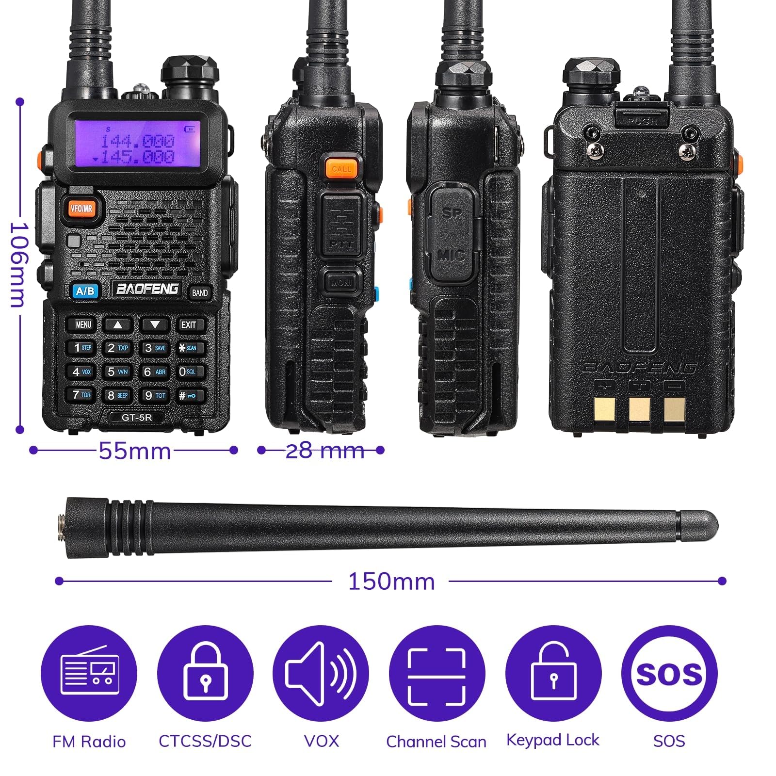 BAOFENG GT-5R Walkie Talkie, Radio Bidireccional UHF VHF con 144-146/430-440MHz, Walkie-Talkie de Largo Alcance con 128 Canales, Batería de 1800mAh, Auricular, Antena de 396mm, Cable de Programación