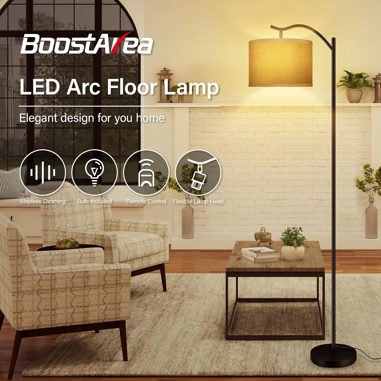 BoostArea Floor Lamp for Living Room,Arc Floor Lamp with Remote Control,Stepless Dimmable Brightness & Colors Temperature 2700k-6500k,Modern Standing Lamp for Bedroom Study Room Office,Jute
