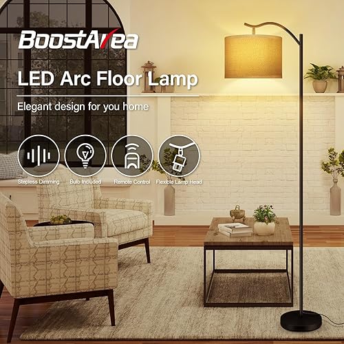 Miniatura 2 de BoostArea Lámpara de pie para sala de estar, lámpara de pie de arco con control remoto, brillo regulable continuo y temperatura de colores 2700 Yute