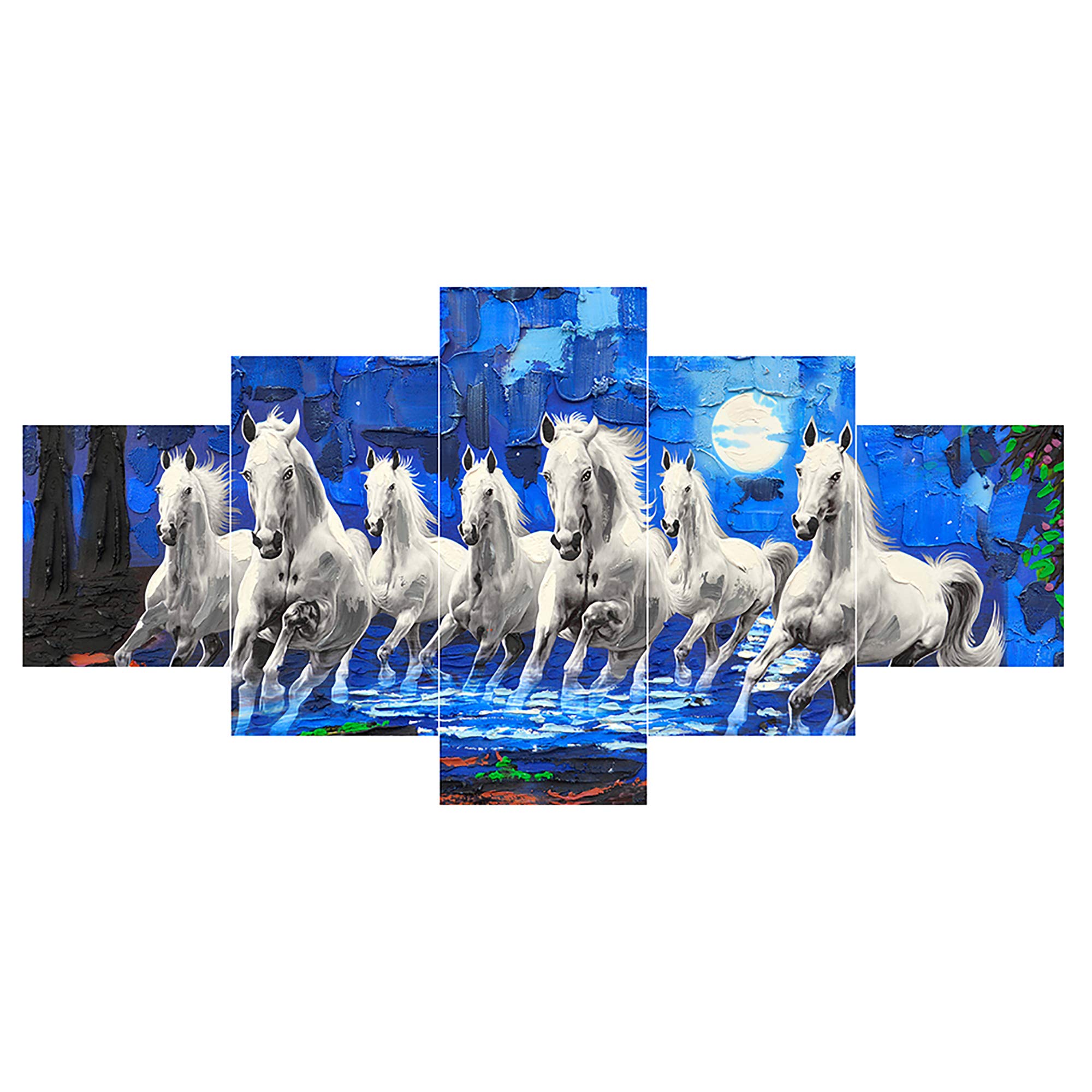 Saumic Craft Set Of 5 Seven Running Horses Vastu Framed Wall Painting Scenery For Home Decoration , Big Size . (75 X 43 CM ) NN H3 ,multicolor