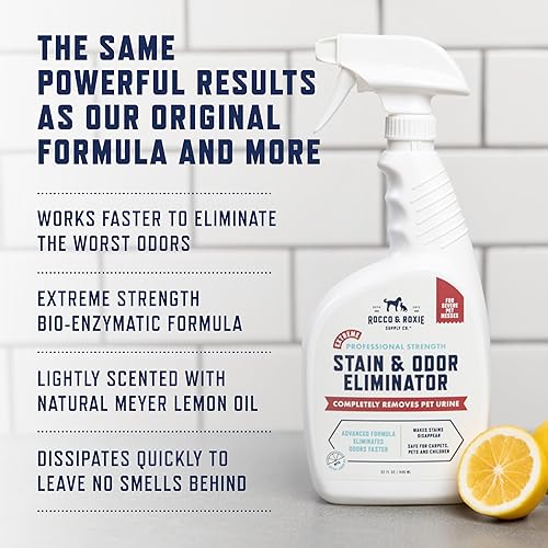 Rocco & Roxie Extreme Stain & Odor Eliminator for Strong Odor, Pet Urine Enzyme Cleaner Destroyer, Stain Remover, Dog Poop and Cat Pee, Enzymatic Carpet Cleaner Spray for Home, Puppy Potty Training(Light Lemon,32 Fl Oz (Pack of 1))