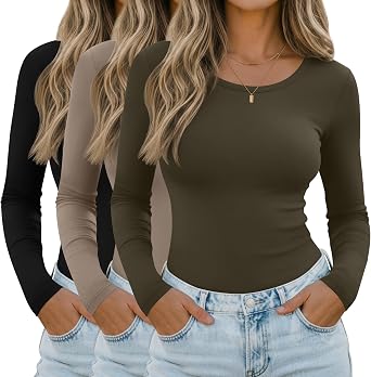 Riyiper 3 Pack Womens Long Sleeve Shirts Scoop Neck Tight Slim Fit Tops Casual Stretchy Basic Tee Layer Undershirts