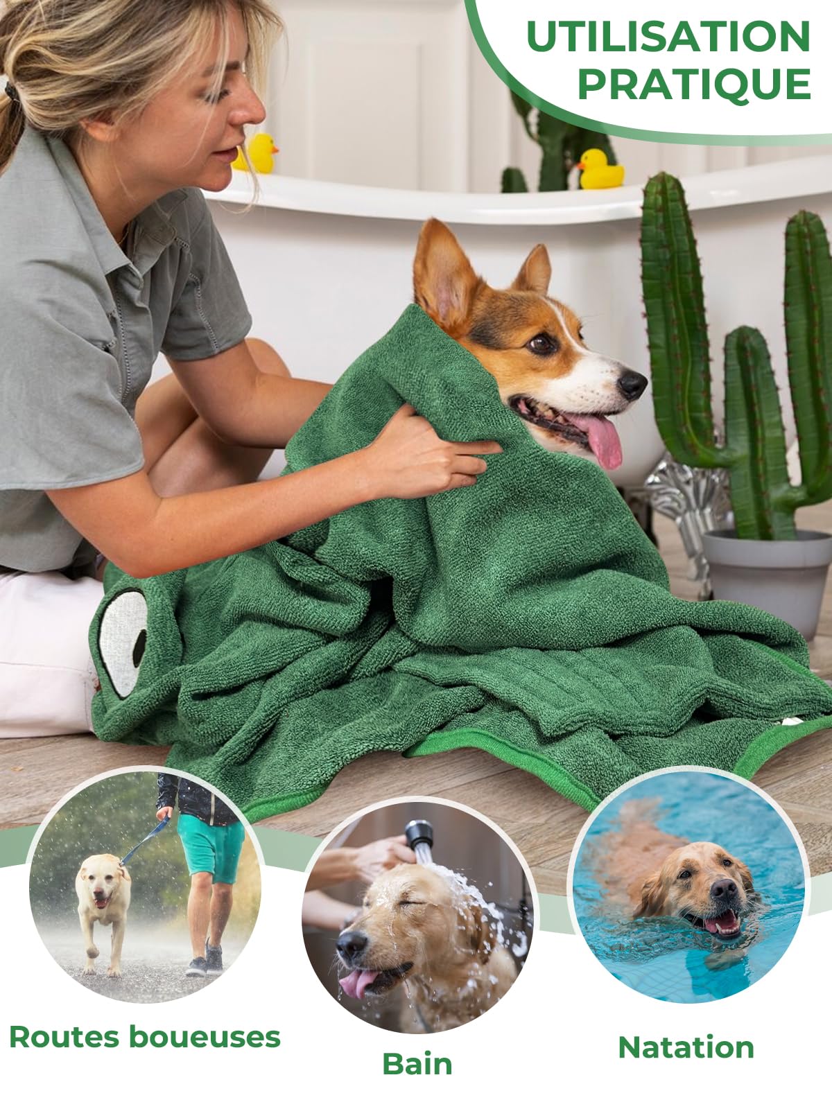 Serviette à Séchage Rapide pour Animaux, Peignoir pour Chien en Microfibre, Peignoir pour Chien Absorbant, Absorbant Manteau pour Animaux pour Séchage Après Baignade Bain (Grenouille Verte, L)