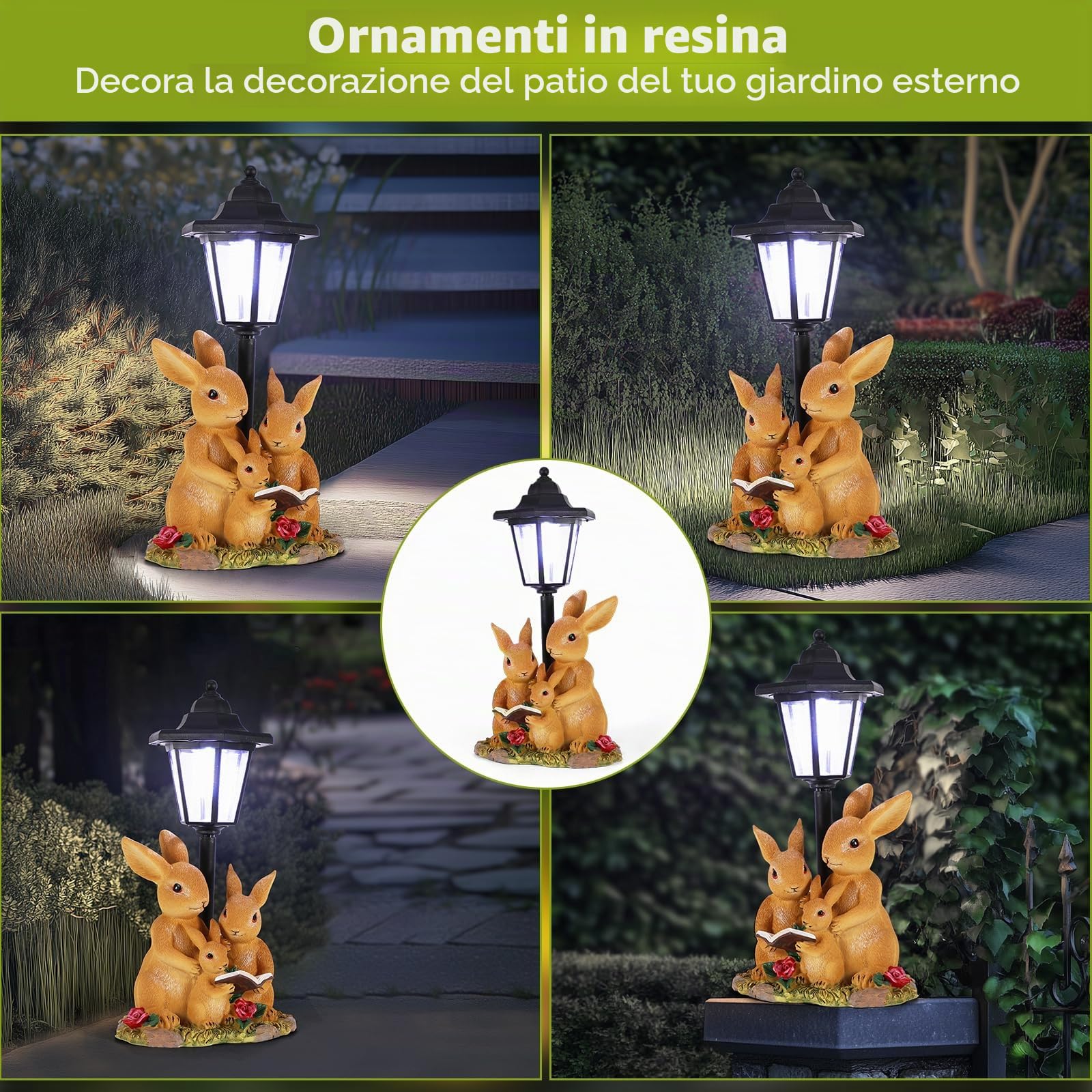 Solari Decor Statue da Giardino Coniglio Ornamenti con Luci Solari, Statua Decorativa Impermeabile in Resina per Esterni