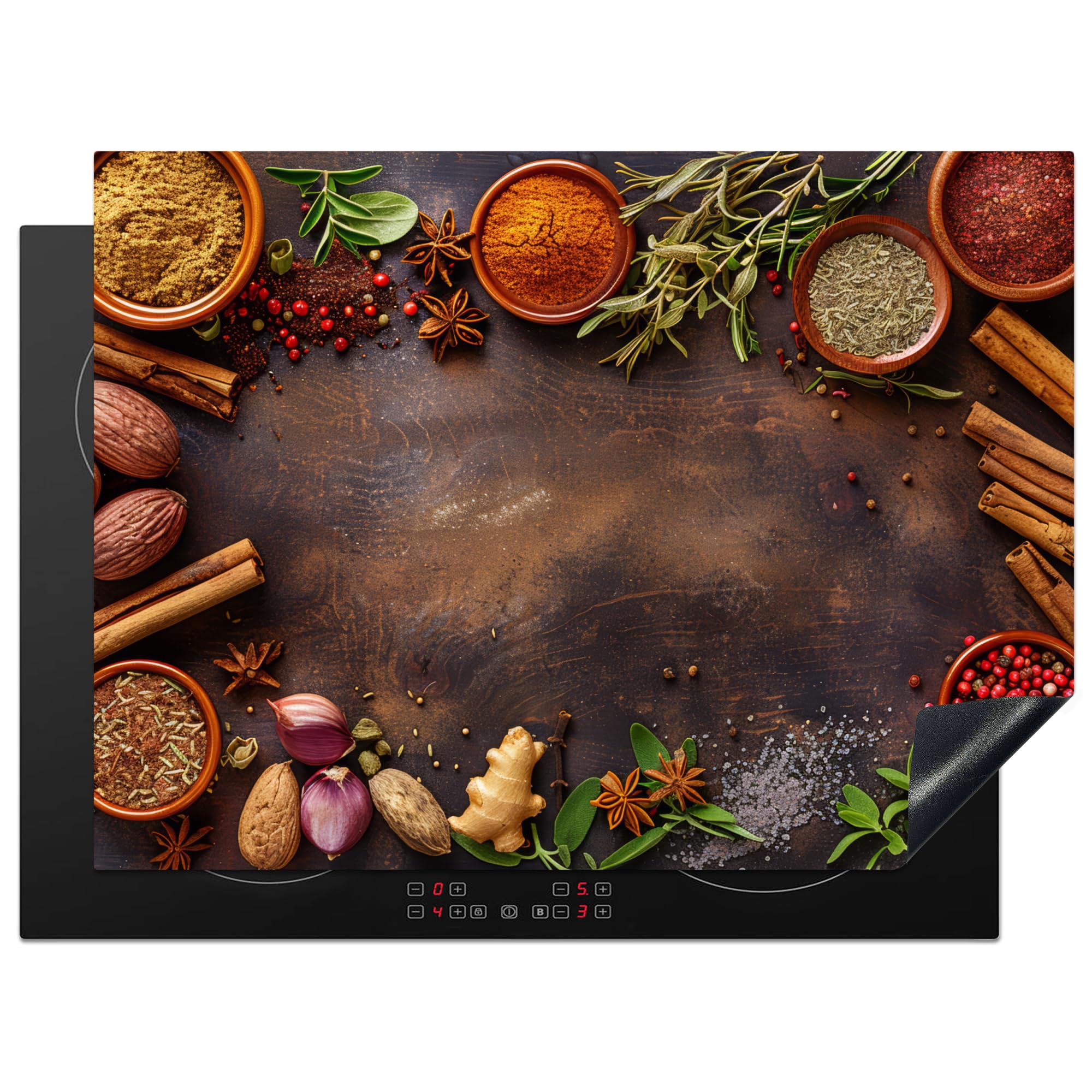 KitchenYeah© Induction Hob Protector Mat 20.5"x27.6" / 70x52 cm Cooker Top Protectors Cover Ceramic Covers Electric Hobs Vinyl Spices - Herbs - Cinnamon Sticks - Wood Print
