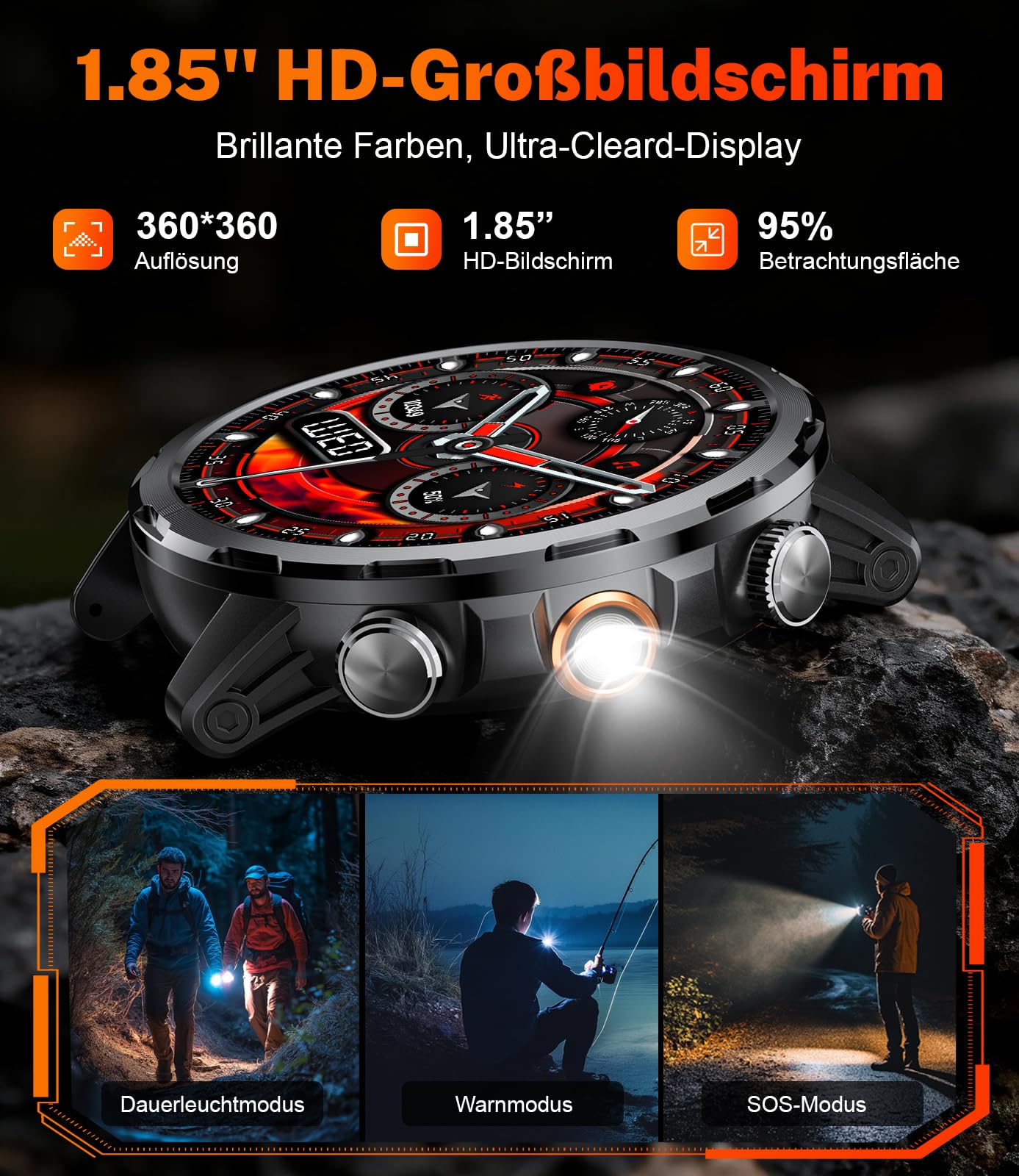 LIGE 1000mAh Großer Akku Smartwatch Herren Militär, 1,85” Sportuhr mit Telefonfunktion,LED Taschenlampe Fitnessuhr mit 100+ Sportmodi, IP68,Herzfrequenz,Schlafmonitor,iOS/Android,2 Armbändern,Schwarz