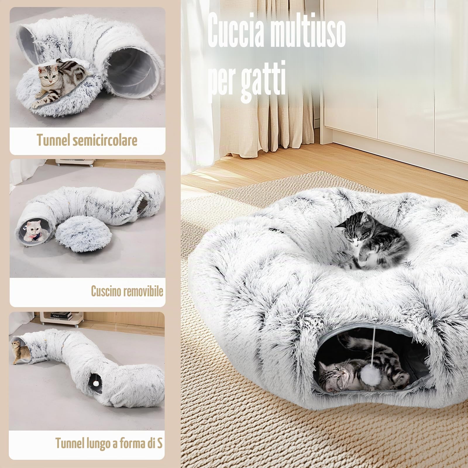 dellyy Tunnel Rotondo per Gatti, Giocattolo per Gatti a Tunnel Rotondo, Tunnel per Gatto Rotondo, Tunnel per Gatti Adulti Grandi, Tunnel per Gatti, Letto a Tunnel per Gatti, Grigio Chiaro