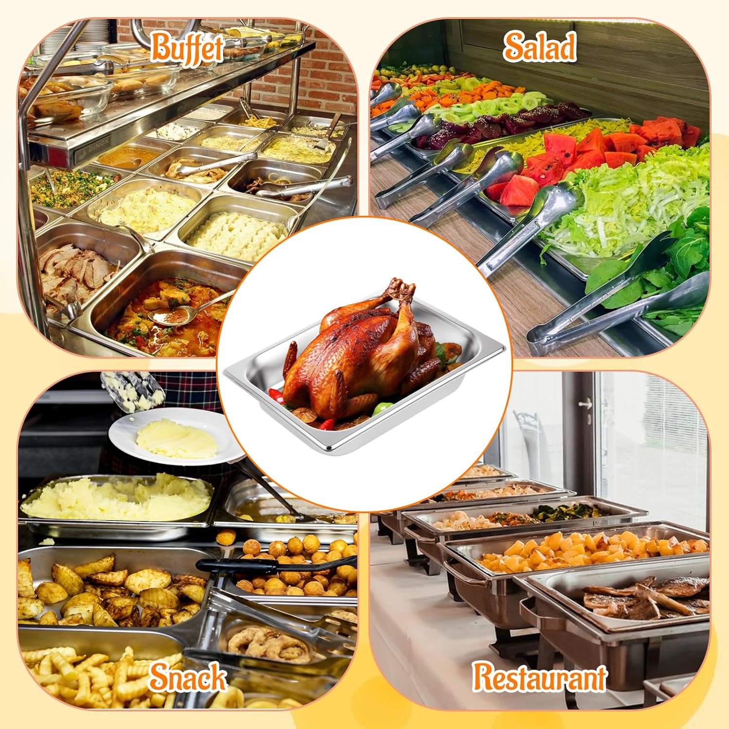 SHUESS 6 Set 1/2 Half Size Stainless Steel Hotel Pans, 2.5 Inch Deep Steam Table Pan, Anti-Jam Chafing Steam Table Pans Commercial, Catering Food Storage Metal Pan (12.8" L x 10.4" W)