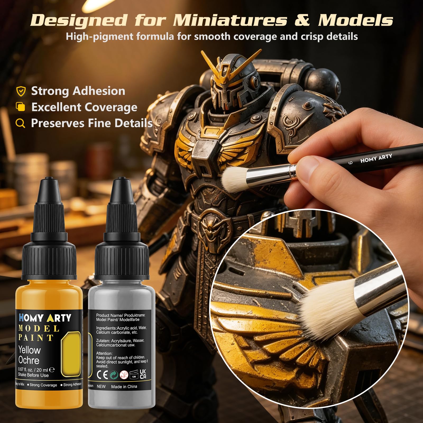 HOMY ARTY Set di colori per modellismo, 24 colori con 2 diluenti, vernice opaca e 8 pennelli in miniatura, colori acrilici per pennelli e aerografo, adatti per miniature, figure da tavolo e