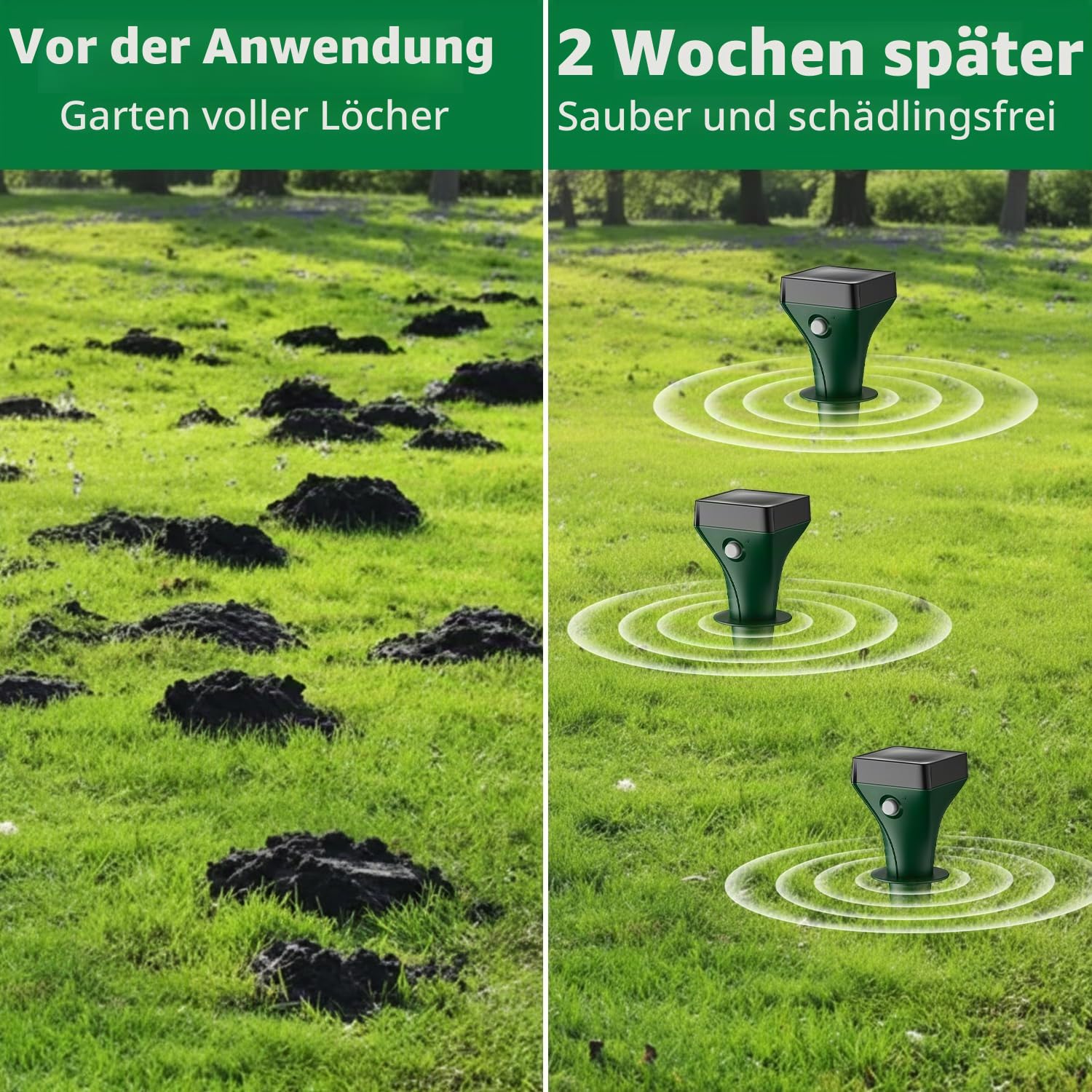 Maulwurf Vertreiber 4er Pack, Solar Maulwurfschreck mit Ultraschall & KI-Wechselfrequenz, Effektive Wühlmausabwehr gegen Maulwürfe und Wühlmäuse, IP65 Wasserdicht für Garten und Außenbereich