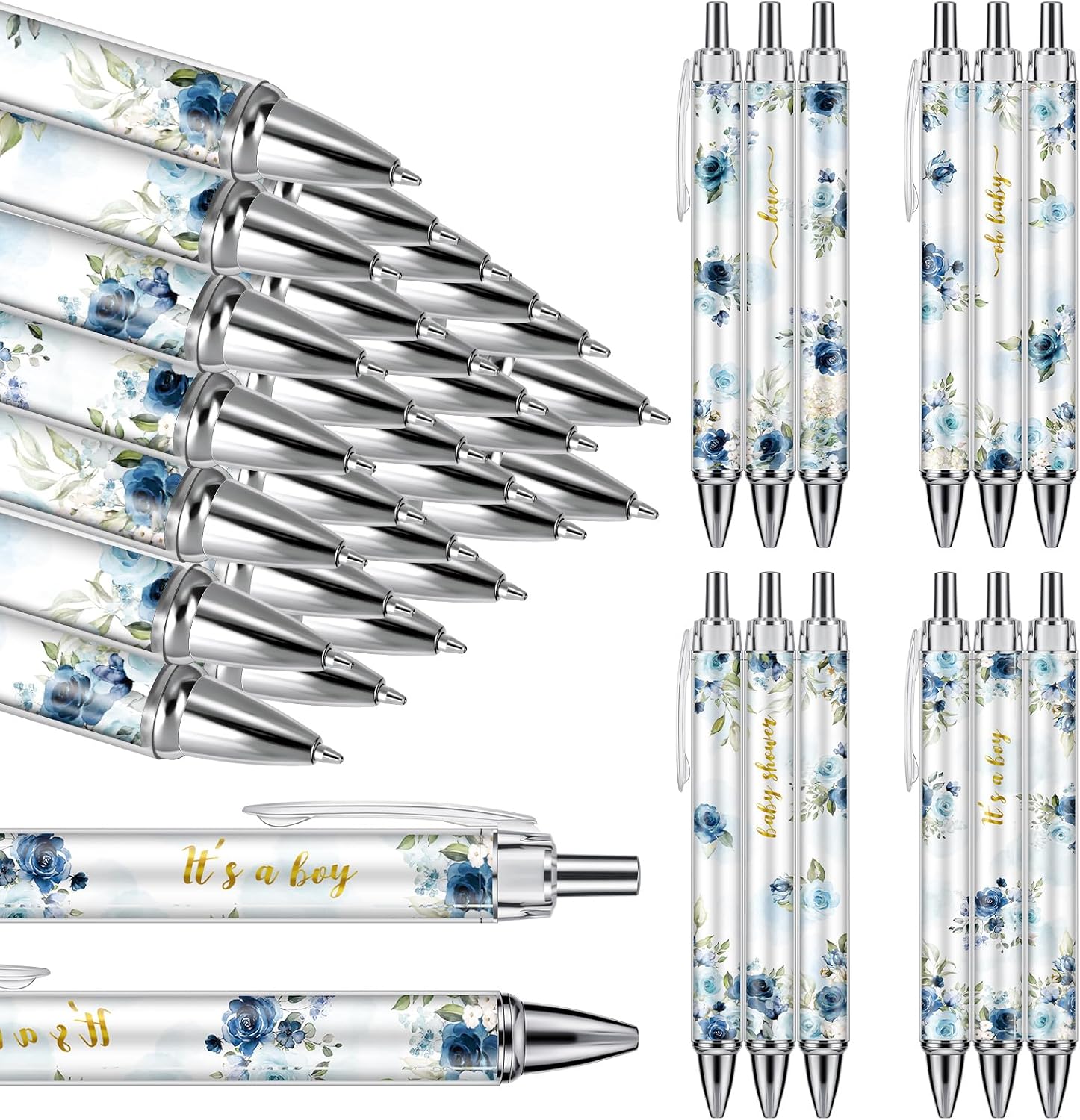 Chuangdi 24 Pcs Blue Floral Baby Shower Ballpoint Pens, Black Ink