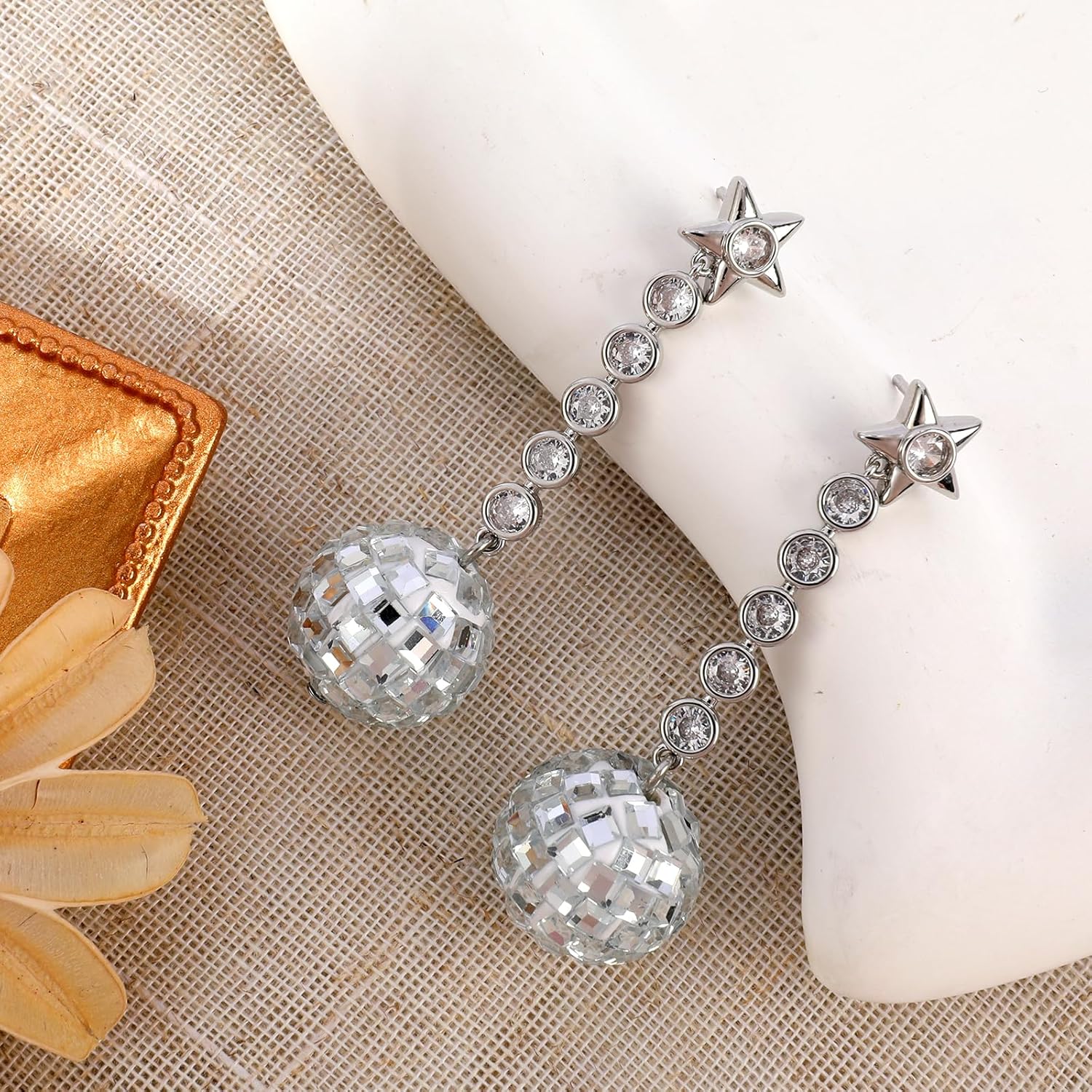 Gold Star Flower Drop Earrings, 925 Sterling Silver Ball Earrings for Women Disco Ball Long Pentagram Pendant Earrings Silver Ball Beadl Everback Drop Dangle Earring for Women Girls Teenagers Jewelry Gifts - Image 4