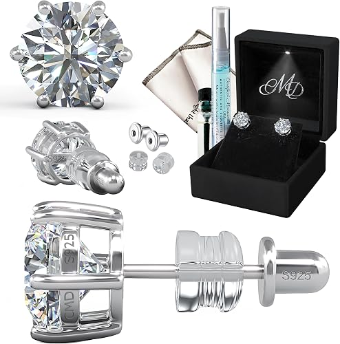 CMD Moissanite Stud Earrings 2ct TW (1ct Each, 6.5mm), 6-Prong, No-Poke Threaded