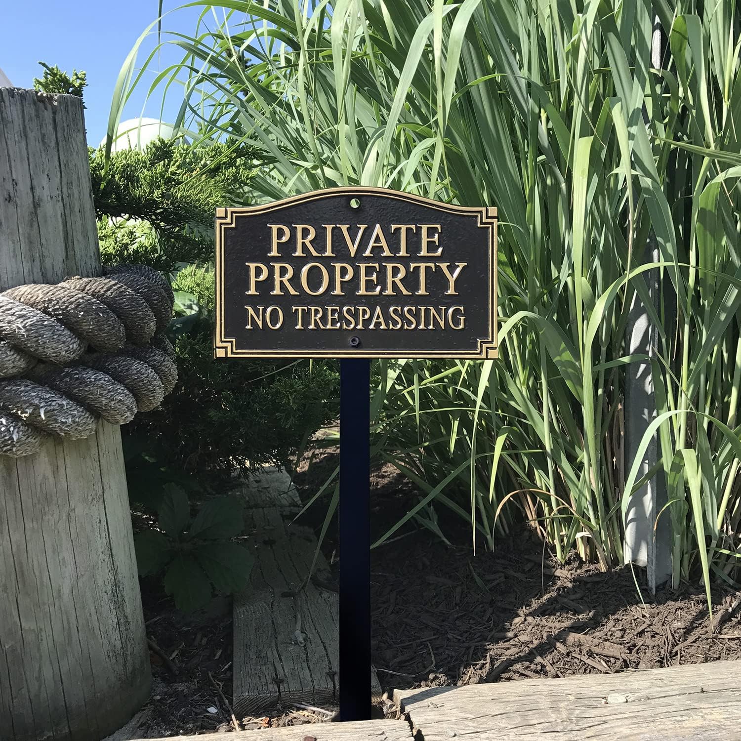 SmartSign Private Property No Trespassing Metal Plaque - GardenBoss Statement Yard Sign 5.75" x 9.5" Solid Heavy Duty Cast Aluminum Plaque with 18" Black Lawn Stake, Made in USA