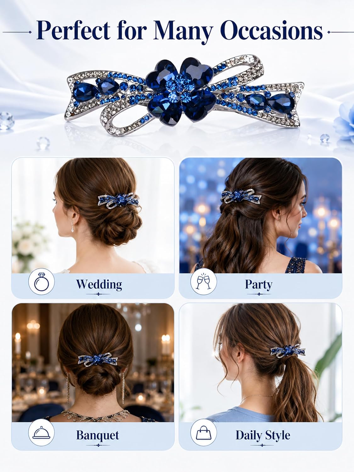 Flower Hairpin Rhinestone Hair Clips Hair Jewelry Barrettes for Women Gifts for Girls Fashion Hair Accessories for Wedding Party(Dark Blue) image 5