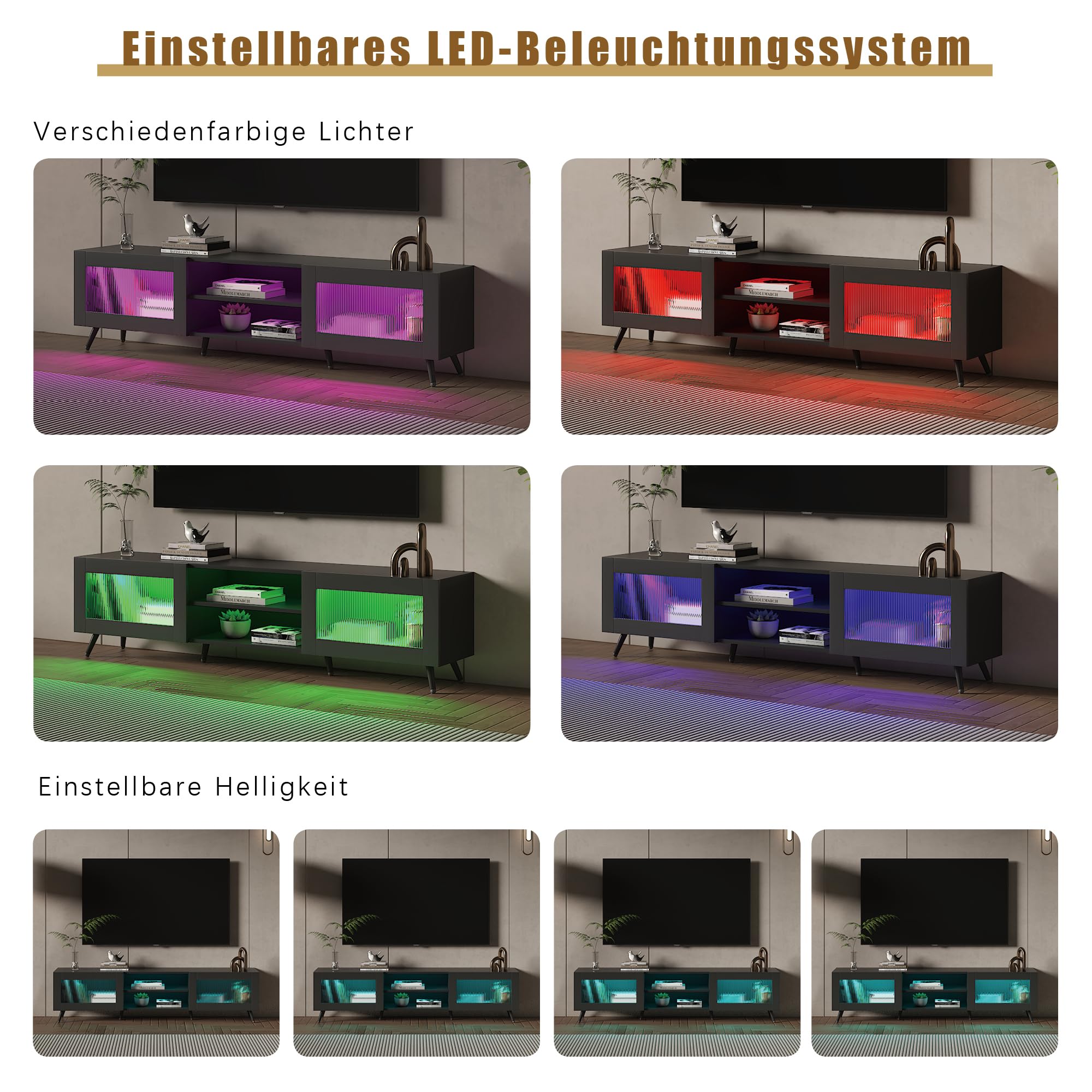 KEEPREAPER TV-Schrank, stehend Lowboard mit LED-Beleuchtung, Fernsehtisch mit 2 Acryltüren, für Fernseher bis zu 70 Zoll, für Wohnzimmer 160 x 29 x 40 cm (Schwarz)
