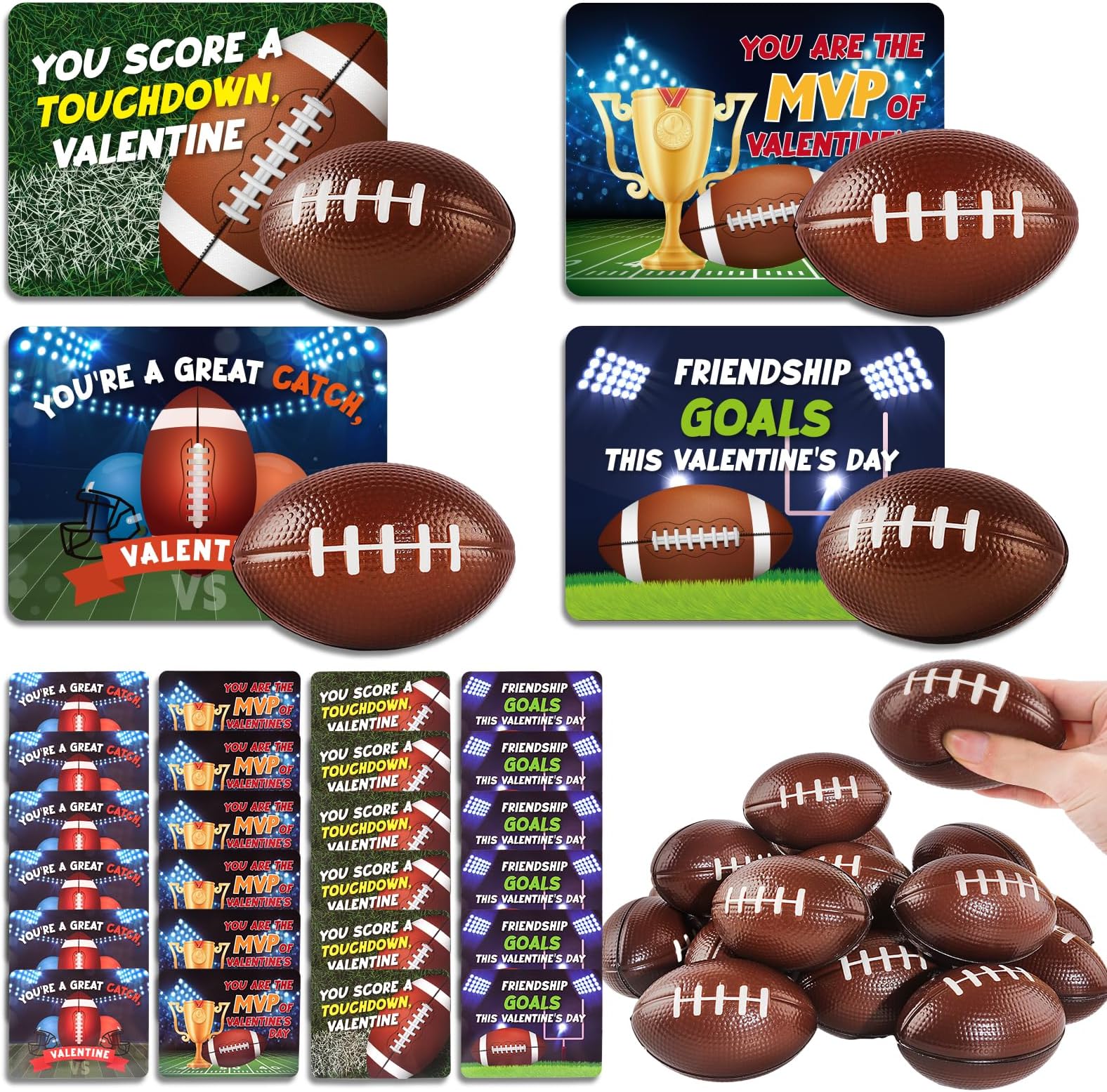 24 Pack Valentien's Day Cards for Kids, 24 Squeeze Footballs with Valentine's Exchanging Cards for School Classroom, Stress Relief Squeeze Foam Balls for Valentine's Party Favors, Valentine's Prizes