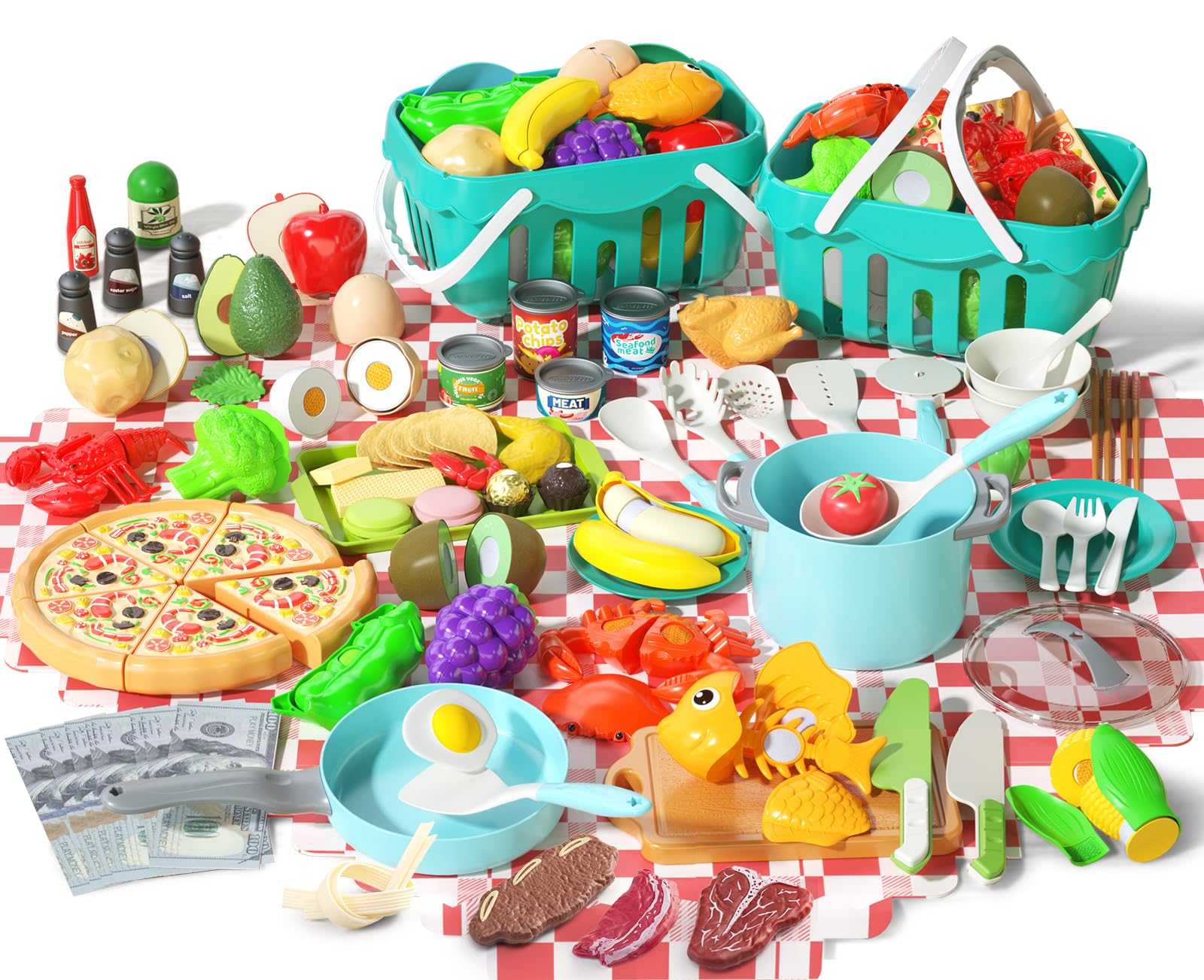 150Pcs Kitchen Playset, Toddlers Pretend Cooking Cookware Accessories, Food, Picnic Blanket, Fruits, Veges, 2Pack Shopping Storage Basket, Dessert and