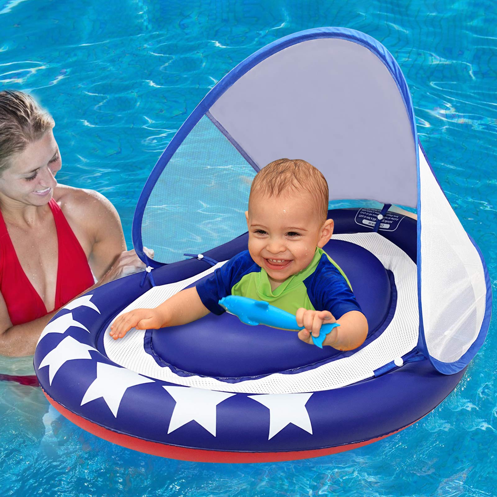 Baby Swimming Pool Float Ring with Removable Sun Canopy Safety Seat,Newest  Double Airbag Inflatable Babies Spring Floatie Swim Trainer Newborn Infant