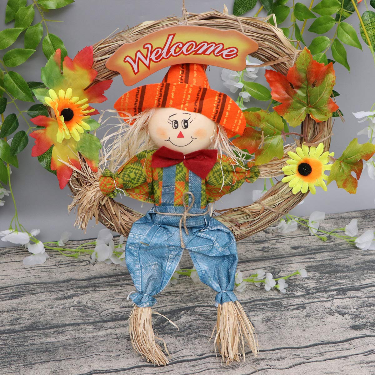 Couronne De Porte Automne Avec Épouvantail - Décoration Halloween Thanksgiving - Couronne Murale Extérieure 25x35cm
