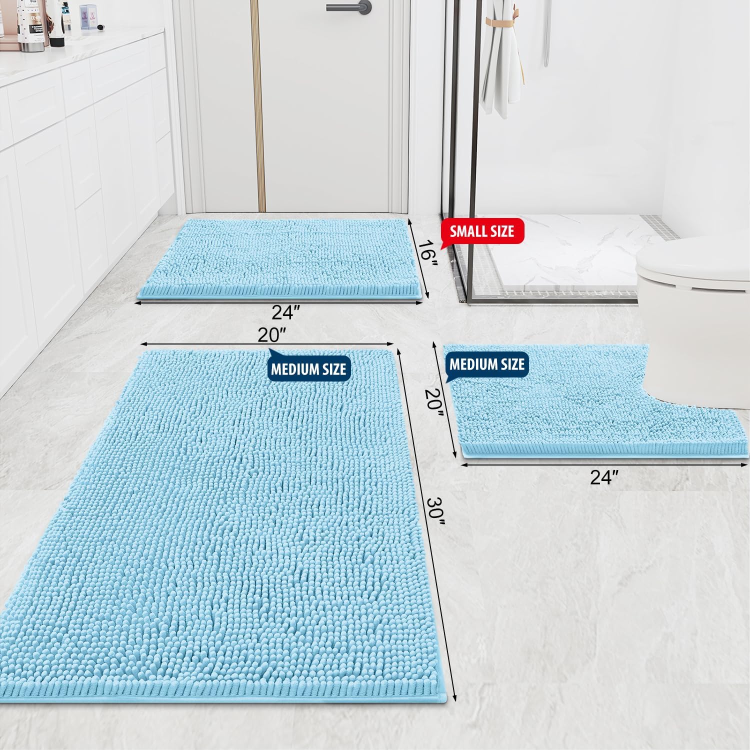 smiry luxury chenille bathroom rugs 40x32, extra soft and absorbent shaggy bath mat, machine washable, non-slip plush carpet runner for tub, shower, and floor, home decor accessories, sky blue 40'' x 32'' sky blue