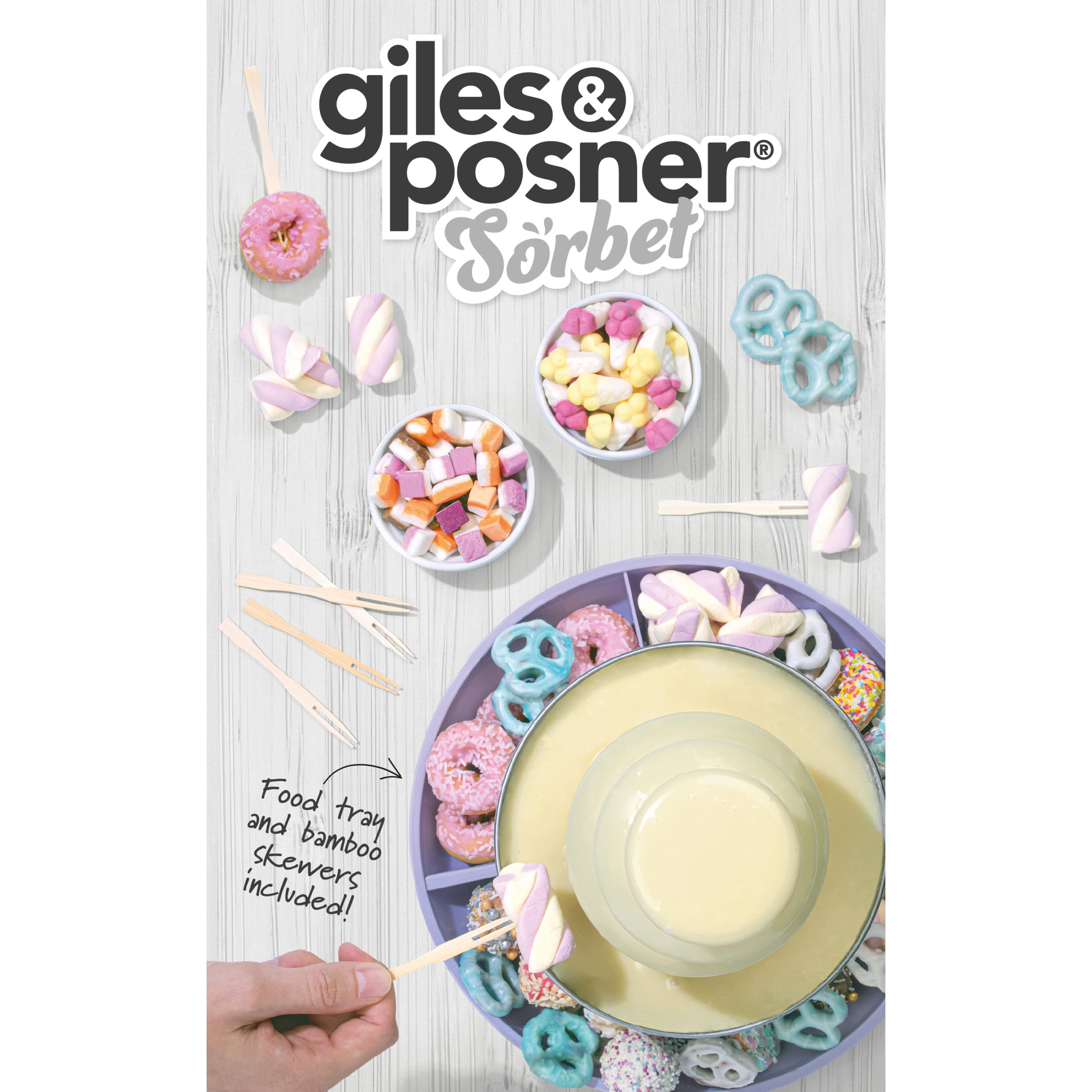 GILES & POSNER Mini-Schokoladenbrunnen – Elektrische 3-Stufen Maschine, Automatische Abschaltung, 0°C bis 50°C, Party Dip & Share, 2 Abnehmbare Serviertabletts, 500 ml, 100 Spieße Inklusive, 25 W