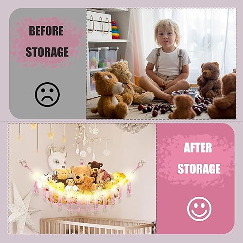 Miniatura 4 de Stuffed Animal Hammock with LED Light, Large Stuffed Animals Storage Corner Plushie Net for Kids Room Decor, Pink Rosado