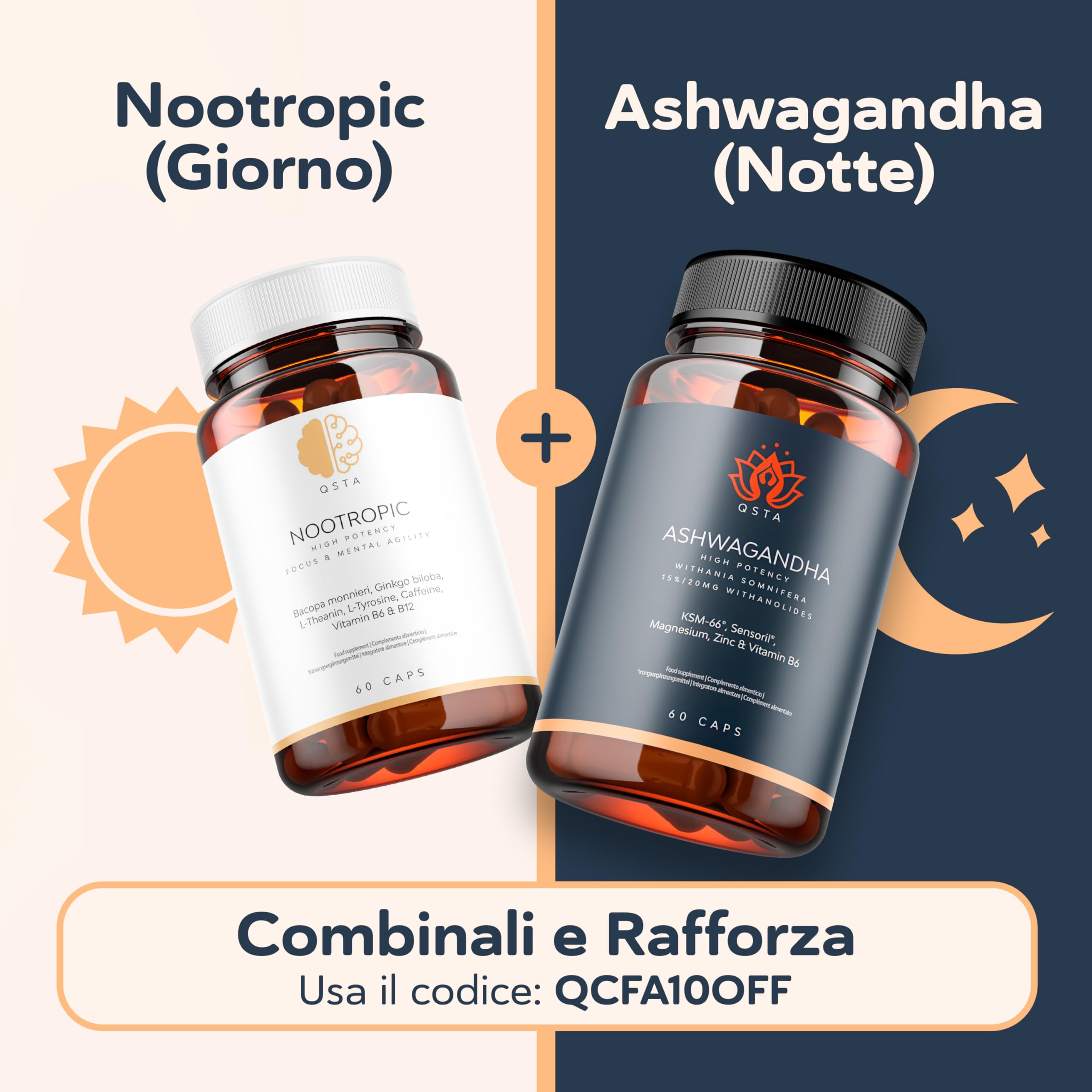 Ashwagandha KSM-66 + Sensoril (15-20% Withanolidi) Adattogeno e Nootropico per Sonno Profondo, Benessere, Energia, Cortisolo abbassare dimagrire | Fornitura di 2 Mesi