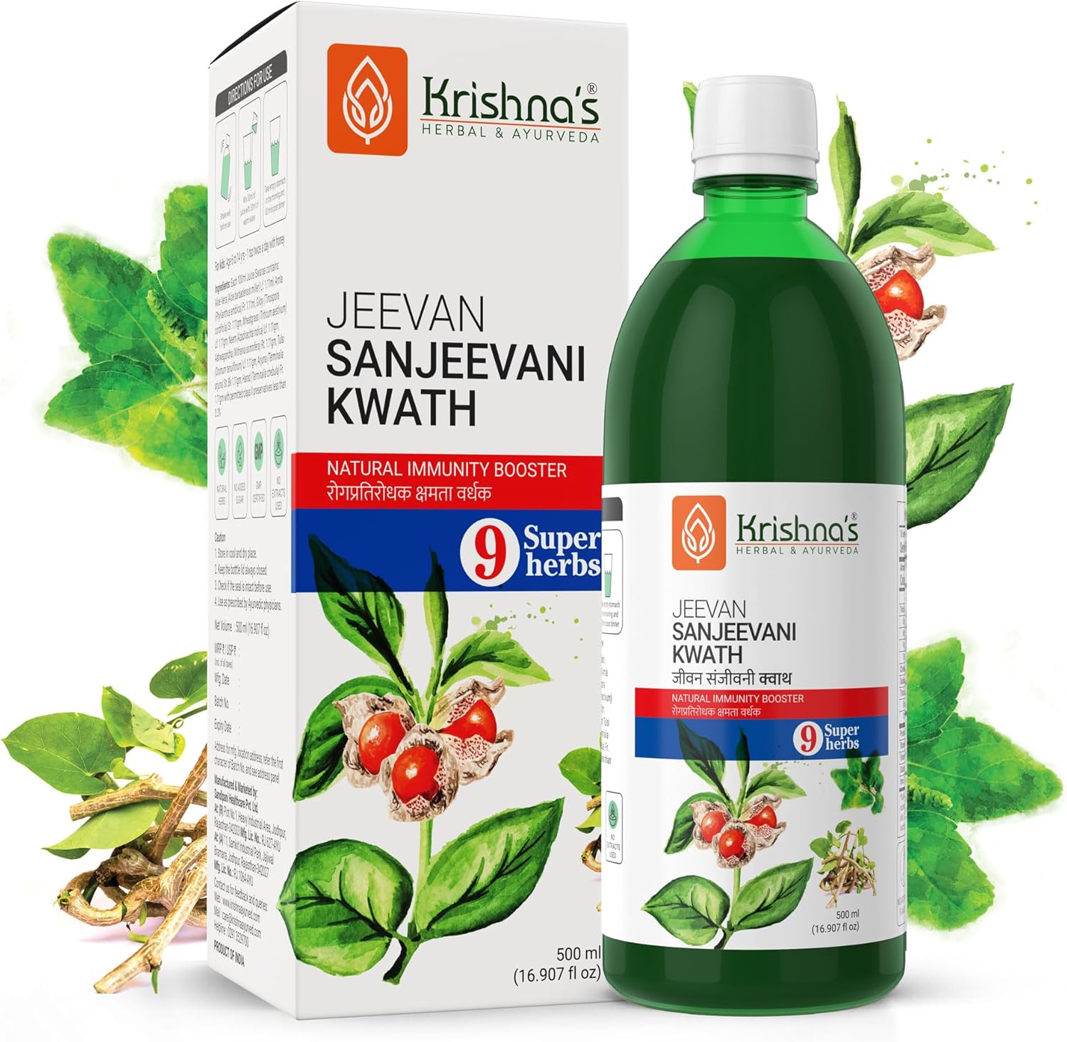 KRISHNA'S HERBAL & AYURVEDA Jeevan Sanjeevani Kwath - 500 ml Enriched with Aloe Vera, Amla, Giloy, Tulsi, Ashwagandha, and 4 More Herbs Natural Immunity Booster 500 ml (Pack of 1) Multicolour
