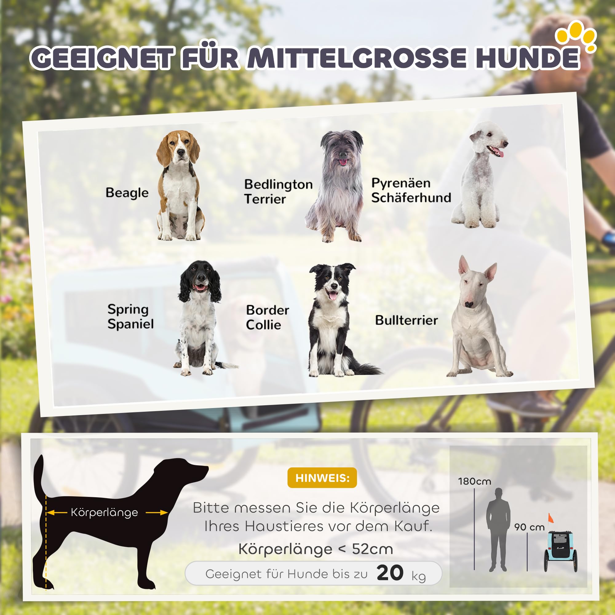 PawHut Fahrradanhänger für Hunde, Faltbarer Hundeanhänger mit freistehendem Stützfuß, Sicherheitsreflektoren, Hundefahrradanhänger mit Leine, für Mittelgroße Hunde bis 20 kg Hellblau