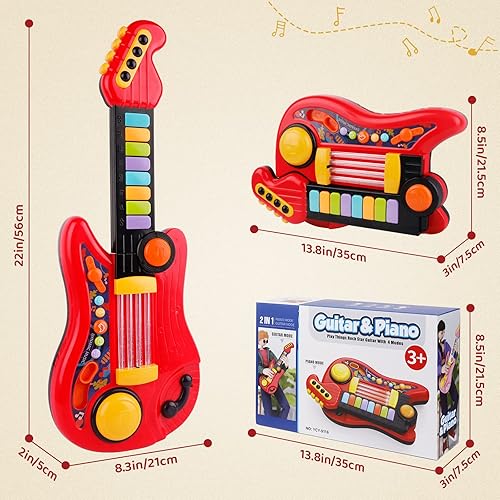 Miniatura 6 de Guitarra para niños, instrumentos musicales 2 en 1, piano para niños, juguete para niños pequeños, guitarras eléctricas con correa, juguetes