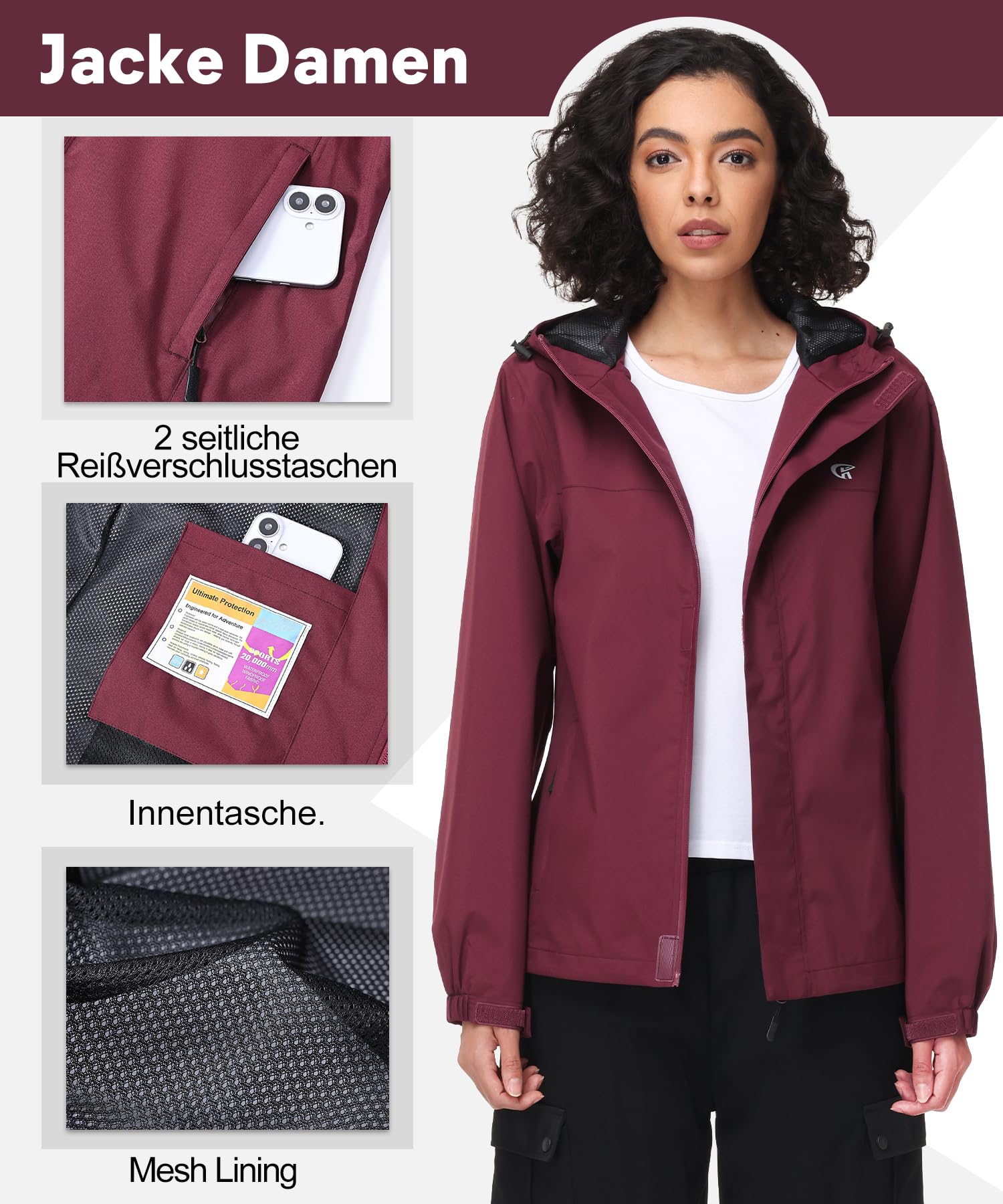 Huayuzh Chaqueta softshell para mujer, resistente al agua, transpirable, chaqueta de entretiempo, chaqueta cortavientos, chaqueta de lluvia, chaqueta de senderismo, senderismo, correr, rojo oscuro, S