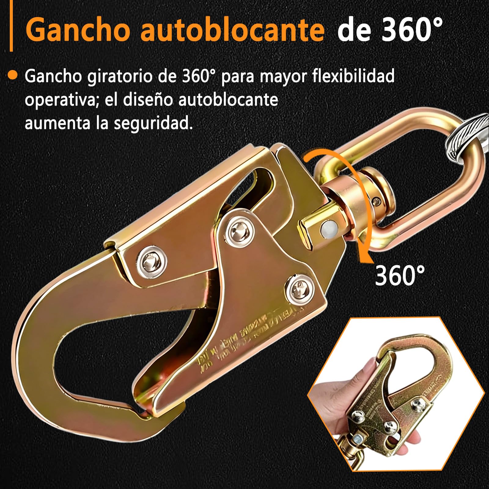 Dispositivo Anticaidas Retráctil Seguridad 10m, Línea de Vida Autorretráctil con Gancho Giratorio de 360°, Arnés Seguridad Más Anticaida para Tejados Capacidad de Carga de 150 kg (Amarillo)