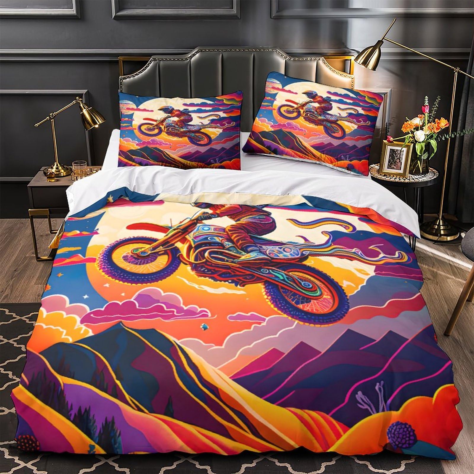 Motorbike_rider Quilt Cover 3D Print Machine Washable 3 Pieces Bed Set Hidden Zipper vibrant_art_style Comforter Cover Extra Soft Hypoallergenic for Adults Kids Teens Women Youth Double（200x200cm）