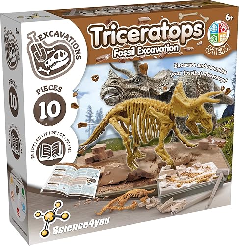 Science4you - Kit de excavación de fósiles Triceratops para niños - Excava y monta 10 fósiles de dinosaurios, juguetes de dinosaurios para niños y