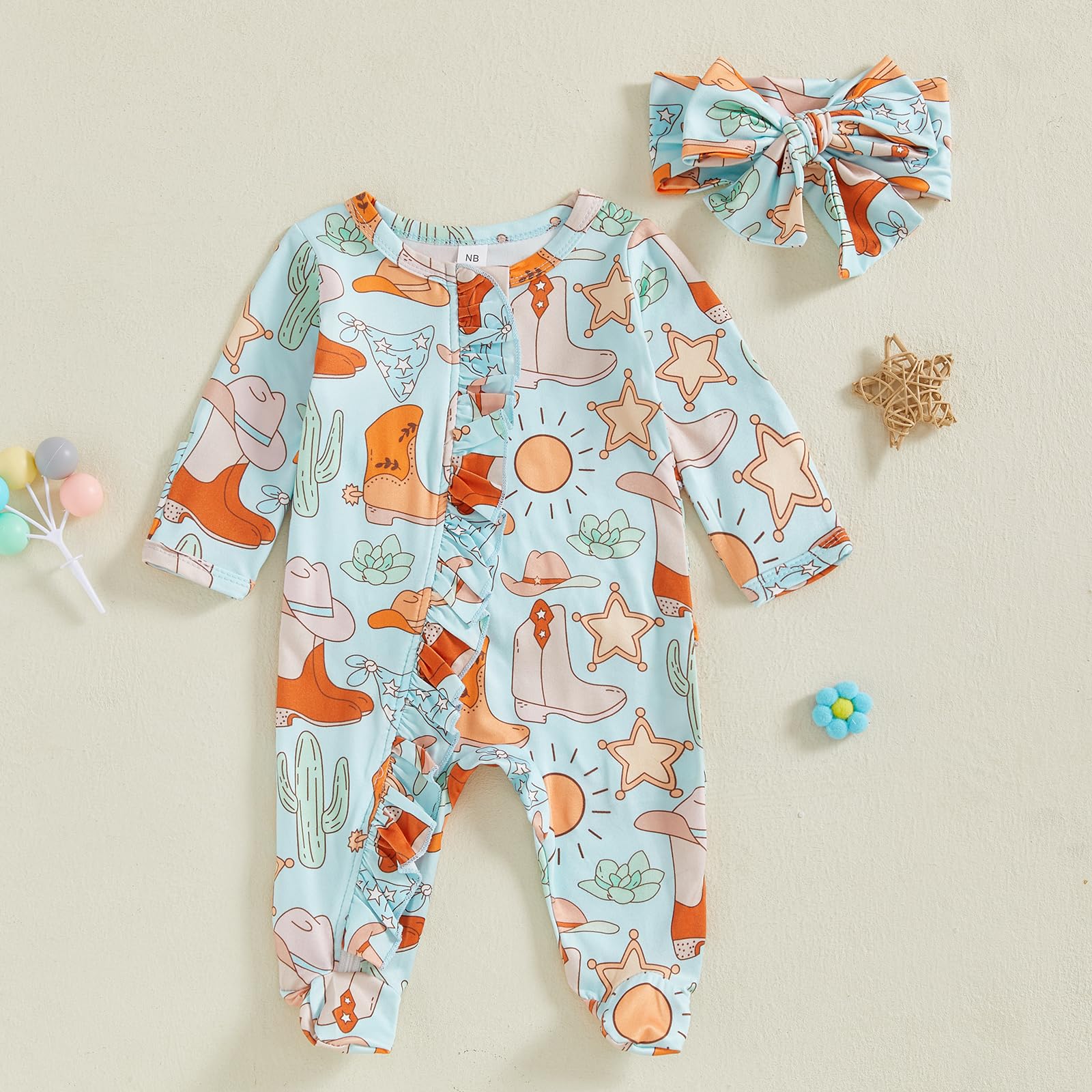 FULA-bao Newborn Baby Girl Western Outfits Footies Long Sleeve Cowgirl Sleepers Romper with Headband Zip Up Pajamas Overalls (Blue, Newborn)