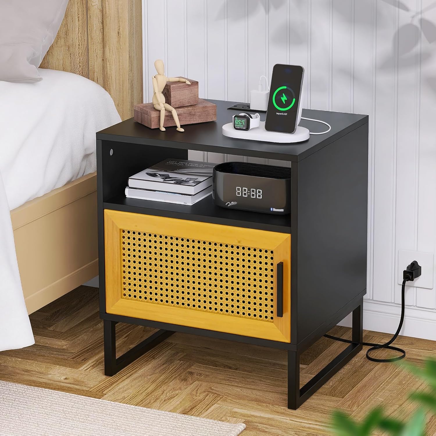 Rattan Nightstand with Charging Station, Bedside Table with