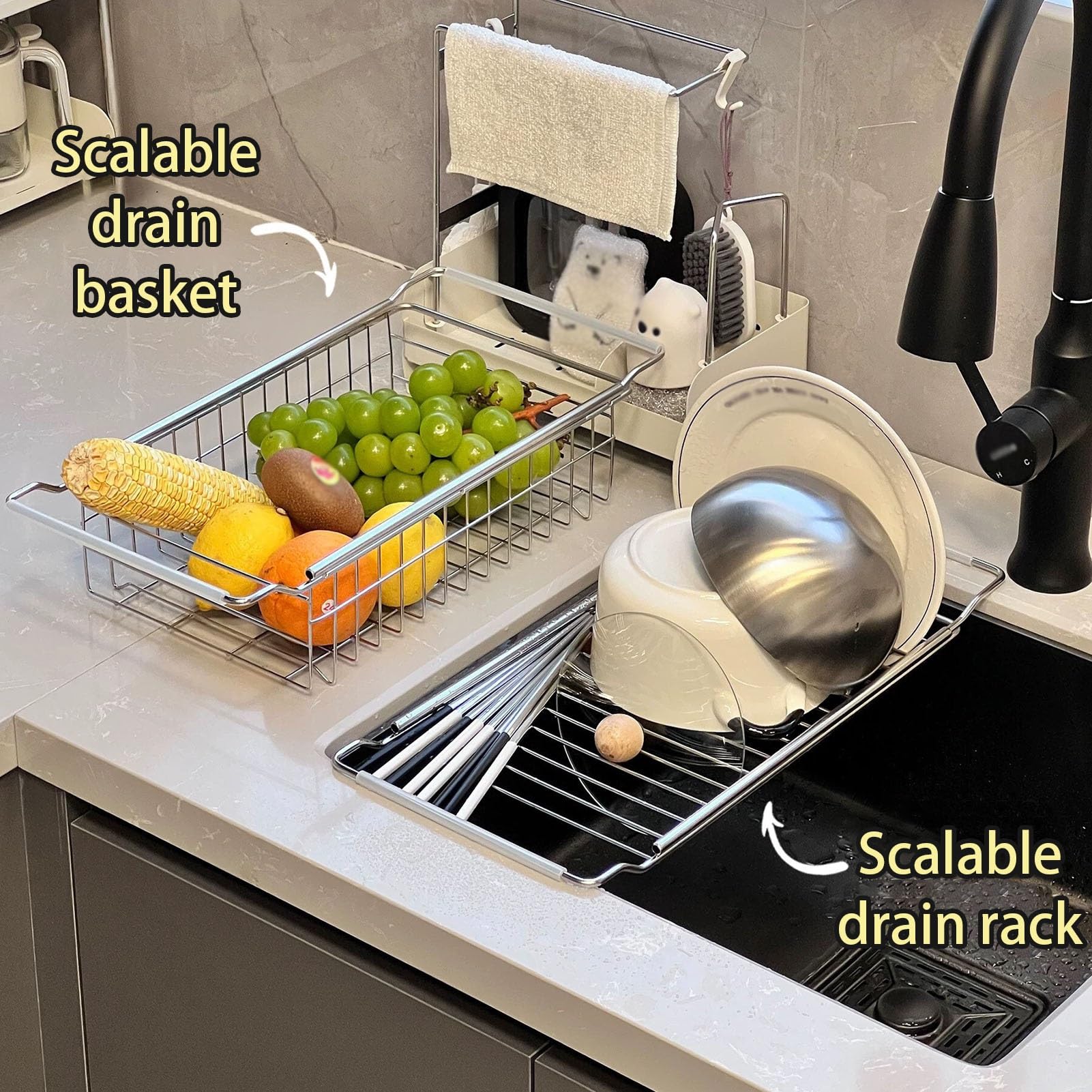 Rutschfest Abtropfgestell Geschirr Aus Edelstahl, Geschirrabtropfgestell Für Gemüse Und Obst, Geschirr Abtropfständer Für Die Küchentheke Platzsparender(Narrow,Baskets)