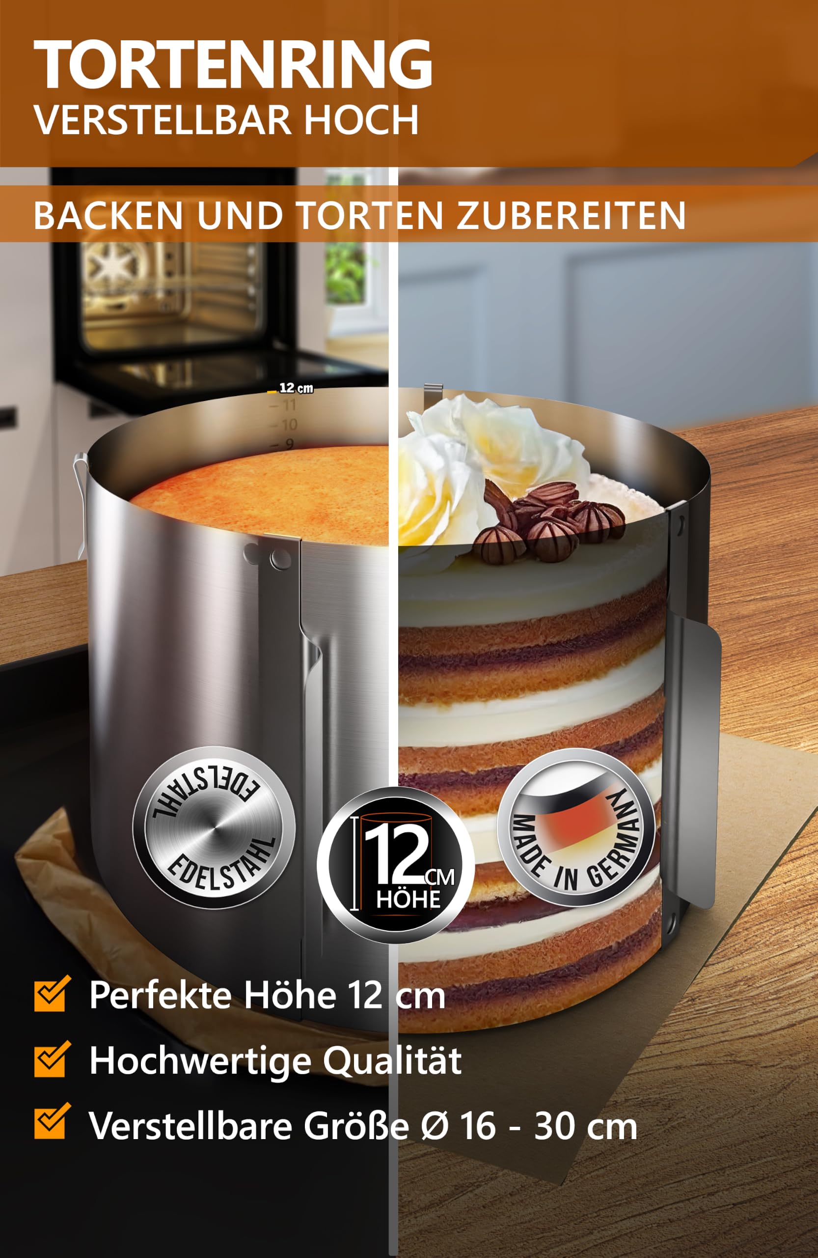 4smile Pierścień do tortu regulowany wysokość 15 cm – stal szlachetna Ø 16-30 cm, stabilna forma do tortu – okrągły pierścień do ciasta, regulowany, okrągła ramka do pieczenia i dekorowania