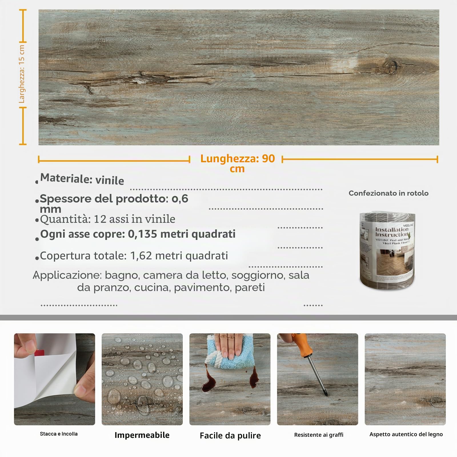 VEELIKE Pavimento PVC Adesivo Effetto Legno Piastrelle Adesive Pavimento Bagno Mattonelle Adesive Cucina Adesivi per Piastrelle Impermeabile Pavimento in PVC Effetto Legno Soggiorno 90cm×15cm 12 Pezzi