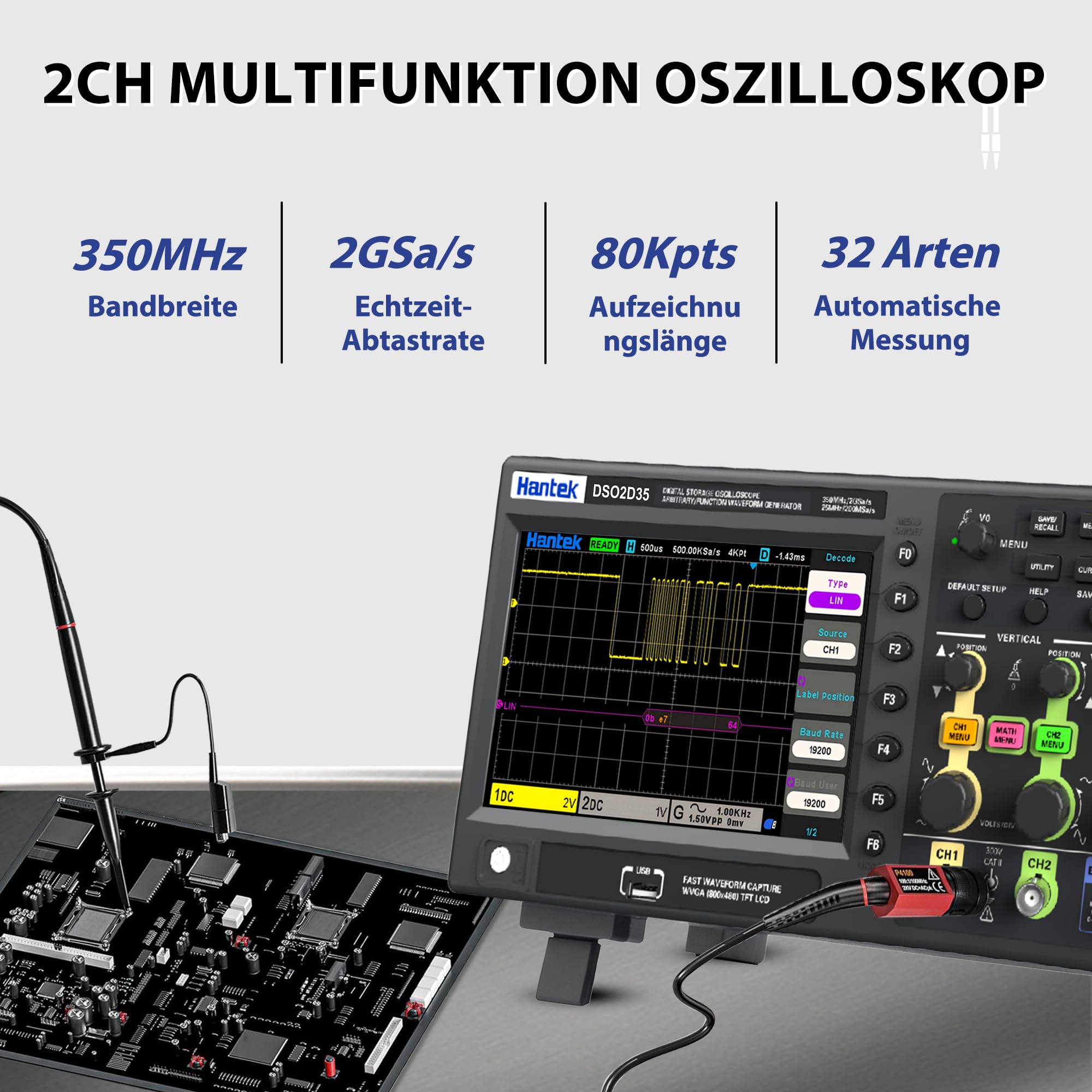 Hantek Oszilloskop, 2 Kanal 350 MHz Oszilloskop mit 2 GS/s Abtastrate, 1 CH Waveformgenerator, Ideal für Ingenieure, Hobbyanwender, Diagnose, Tests und Reparaturen (Hantek DSO2D35/350MHz)