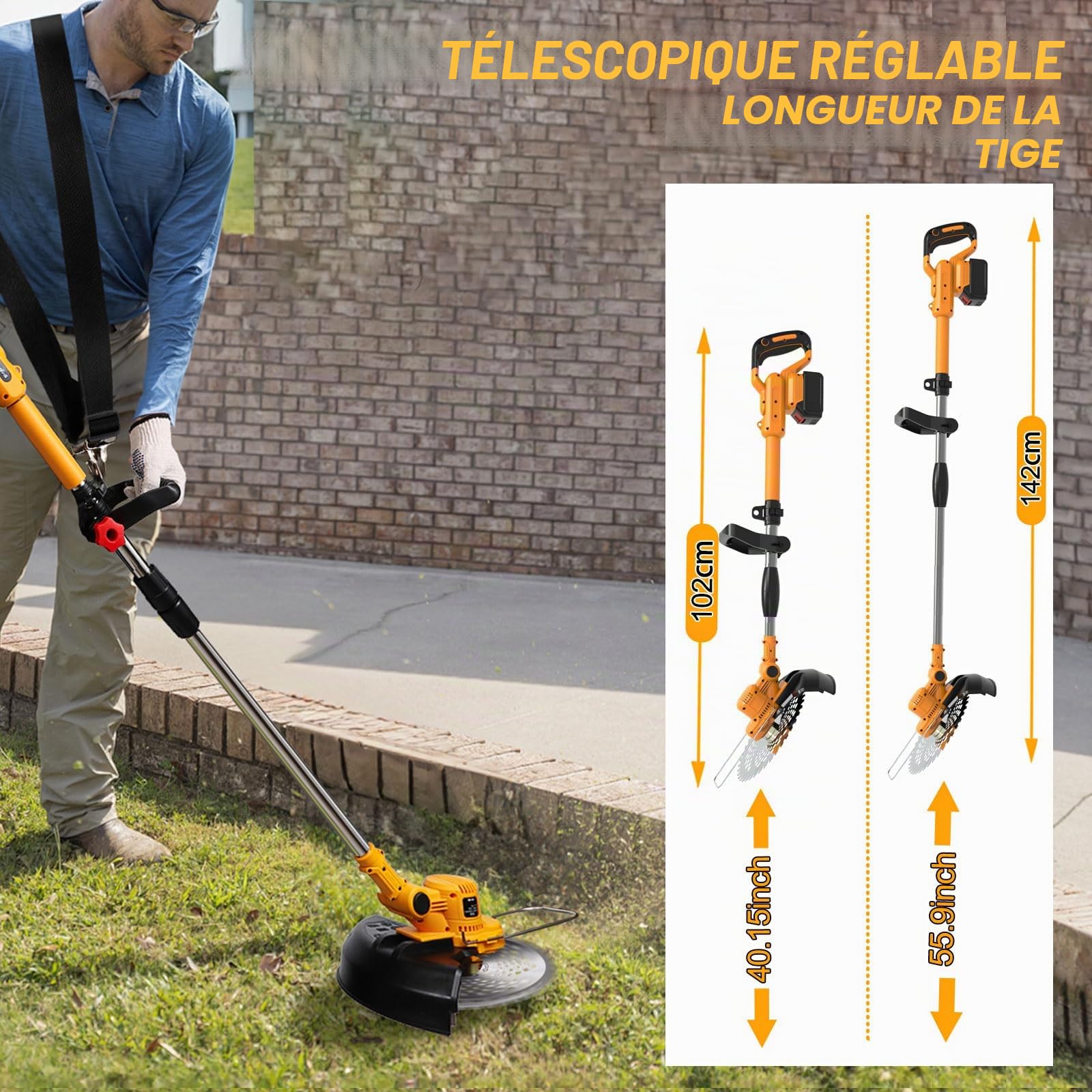 Coupe Bordure sans Fil avec Batterie 4 en 1 Debroussailleuse Electrique sans Fil avec 2 Batteries 4.0 Ah, 21V Débroussailleuse à Batterie Brushless avec Brosse Désherbage pour Jardin Élagage,Orange,b