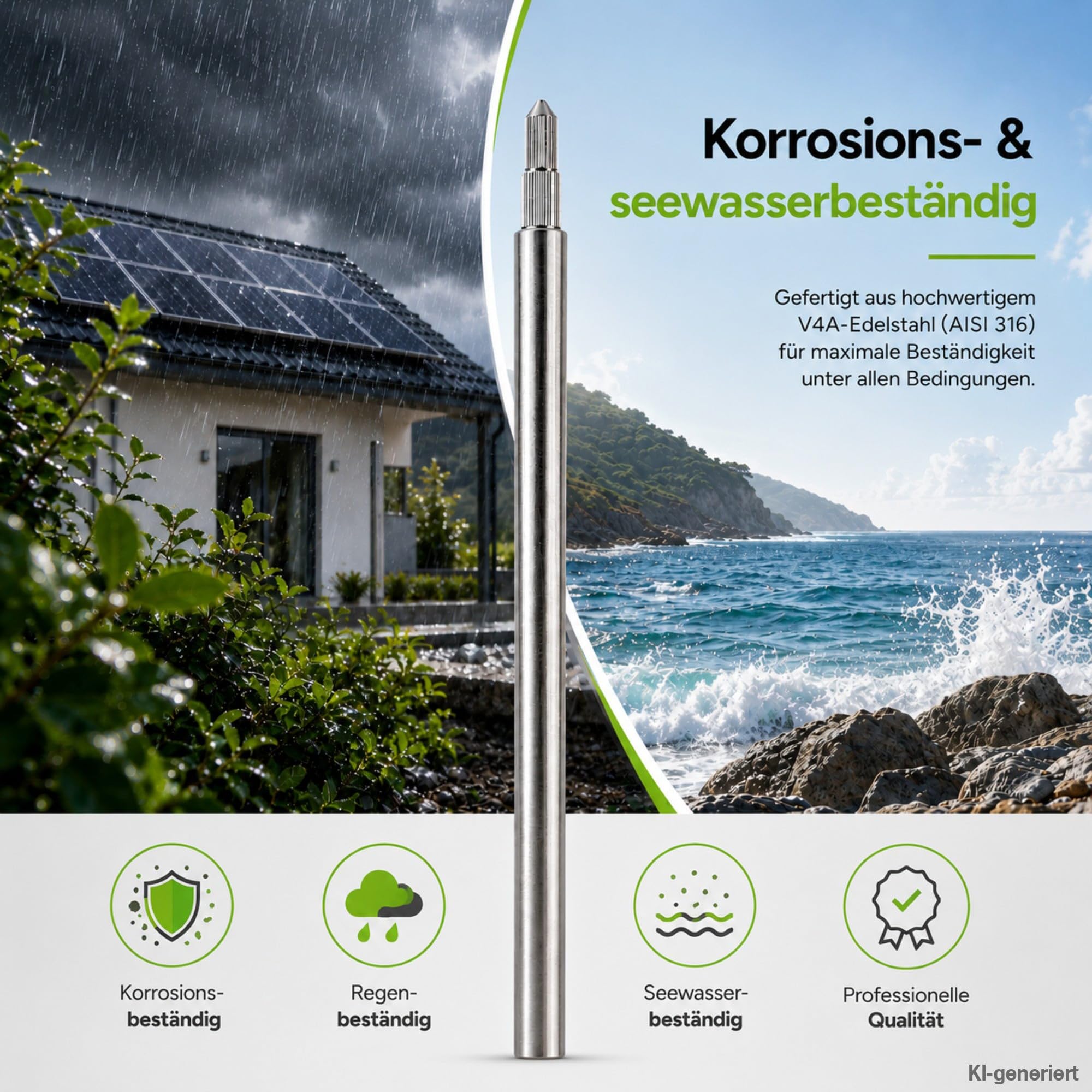 Offgridtec Tiefenerder V4A Set 1,5 m – Erdungsspieß Ø20 mm aus Edelstahl inkl. Einschlagspitze, Kreuzerder-Klemme & Schutzadapter – Erdungsstab für Blitzschutz, Erdungssysteme und PV-Anlagen