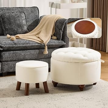 24Inch Round Storage Ottoman, Set of 2, Modern Button Tufted Coffee Table with Removable Top, Upholstered Ottoman with Storage Footrest Stool for Living Room, Bedroom Beige